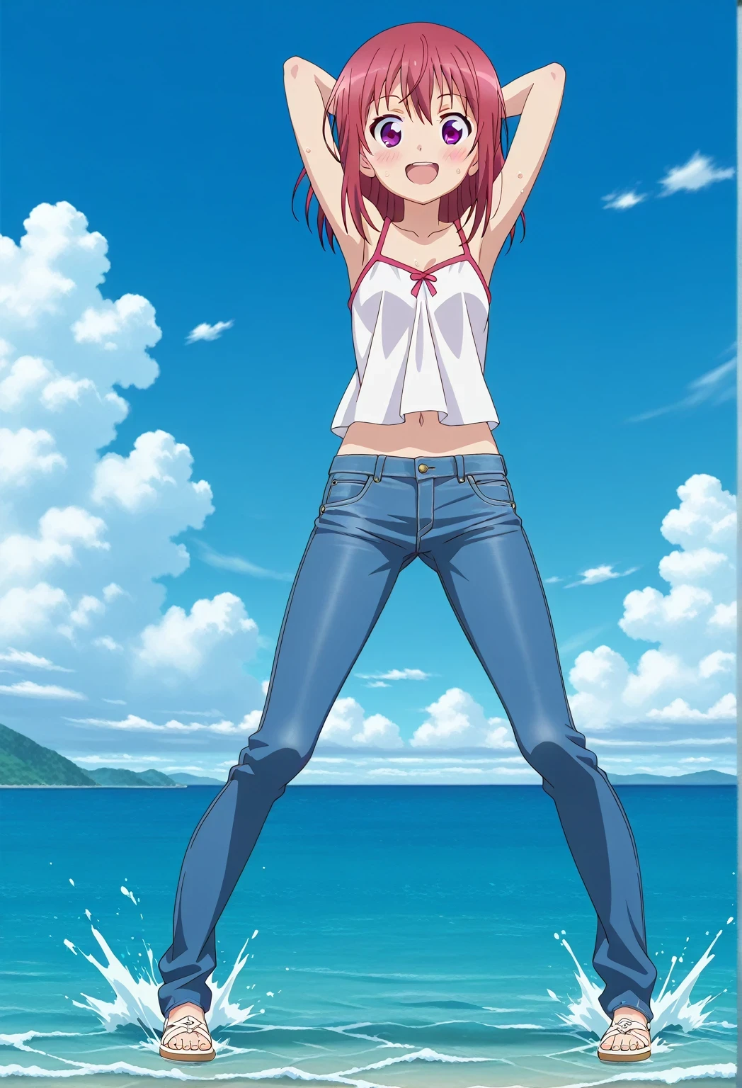 score_9, score_8_up, score_7_up, source_anime, highres, hi res, ((best quality, top quality, perfect quality, Highest Quality, amazing quality)), {{masterpiece}}, {{an extremely delicate and beautiful}}, 2d, intricate details, official style, anime, 8k, anime style, official_anime, official art, digital painting, cell shading, soft shading, high resolution, soothing tones, Subdued Color, Soft cinematic light, adobe lightroom, photolab, HDR, intricately and hyper-detailed, ((high quality animation)), 1 girl, Alone, solo, ((ocean)), tsunami, on the water, day, sunny, outdoors, sky, windy, Kanzaki Tomoyo, Inou Battle wa Nichijou-kei no Naka de, kyoto anime style, purple eyes, red hair, medium hair, straight hair, sidelocks, anime coloring, anime screencap, small , white camisole top, crop top, white crop top, best quality, hyper-detailed jeans, ((blue jeans:1.9)), (dark blue jeans:0.6), full medium body, medium shot, Open mouth, smiling, happy face, blush, sweat, standing, ((arms behind head:6.0)), ((perfect arm line:2.5)), bowlegged, sliding pose, action, looking at viewer, , Bend knees slightly, straight-on front view, from below