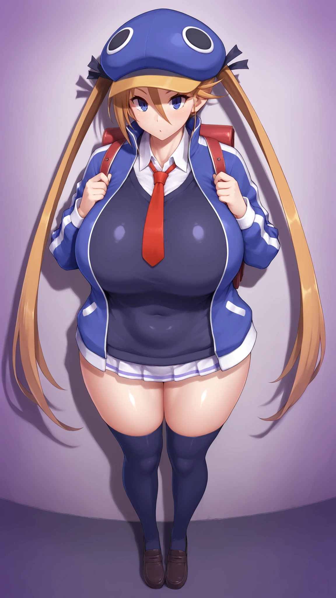 d4fuuka, twin tails,
skirt, knee-high, OPEN JACKET, School Shirt, track jacket, necktie, school uniform, backpack, loafers, blue headwear,  PERFECT SIZE CLOTHING, shiny skin,    Curvy Bodies ,