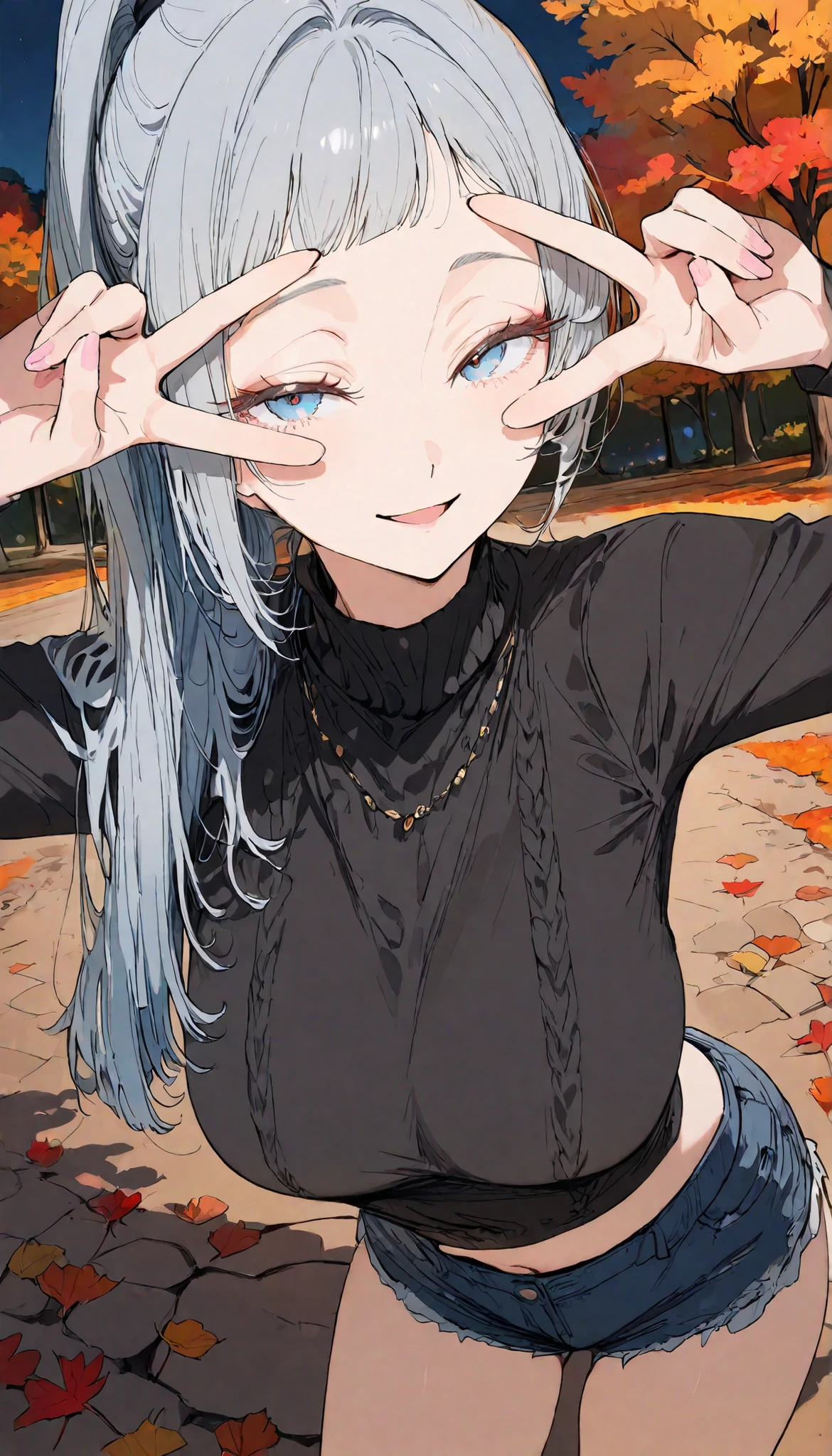 Masterpiece, top quality, very detailed , close-up, animation style, Japanese illustration style, Beautiful mature woman with a perfect body, slim, (silver hairstyle, long layered hair, tousled layers, soft asymmetrical bangs, short bangs, ponytail), blue eyes, large breasts, alone, face, look at viewer. night, autumn, Navy blue angora knit, black hot pants, cowboy shot. Half-close your eyes. light smile. open mouth. double v sign.