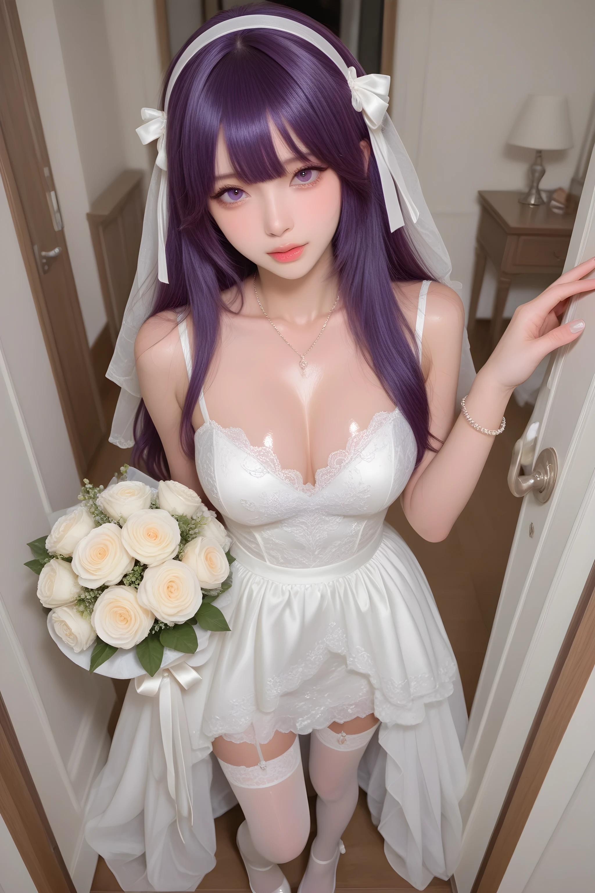 A beautifully detailed 、High quality、 high-resolution 、 Clear subject 、Excellent depth of field、Dynamic light、A masterpiece with a vivid shooting angle。A girl with purple hair,bouquet in hand,has fair skin,wears a long white wedding dress,Tie a bow,with white ribbons,feet wearing shiny white lace stockings,Wear a hair band on your head,step on heels,wears a necklace and bracelet,Purple Eyes,Standing alone in the bedroom。