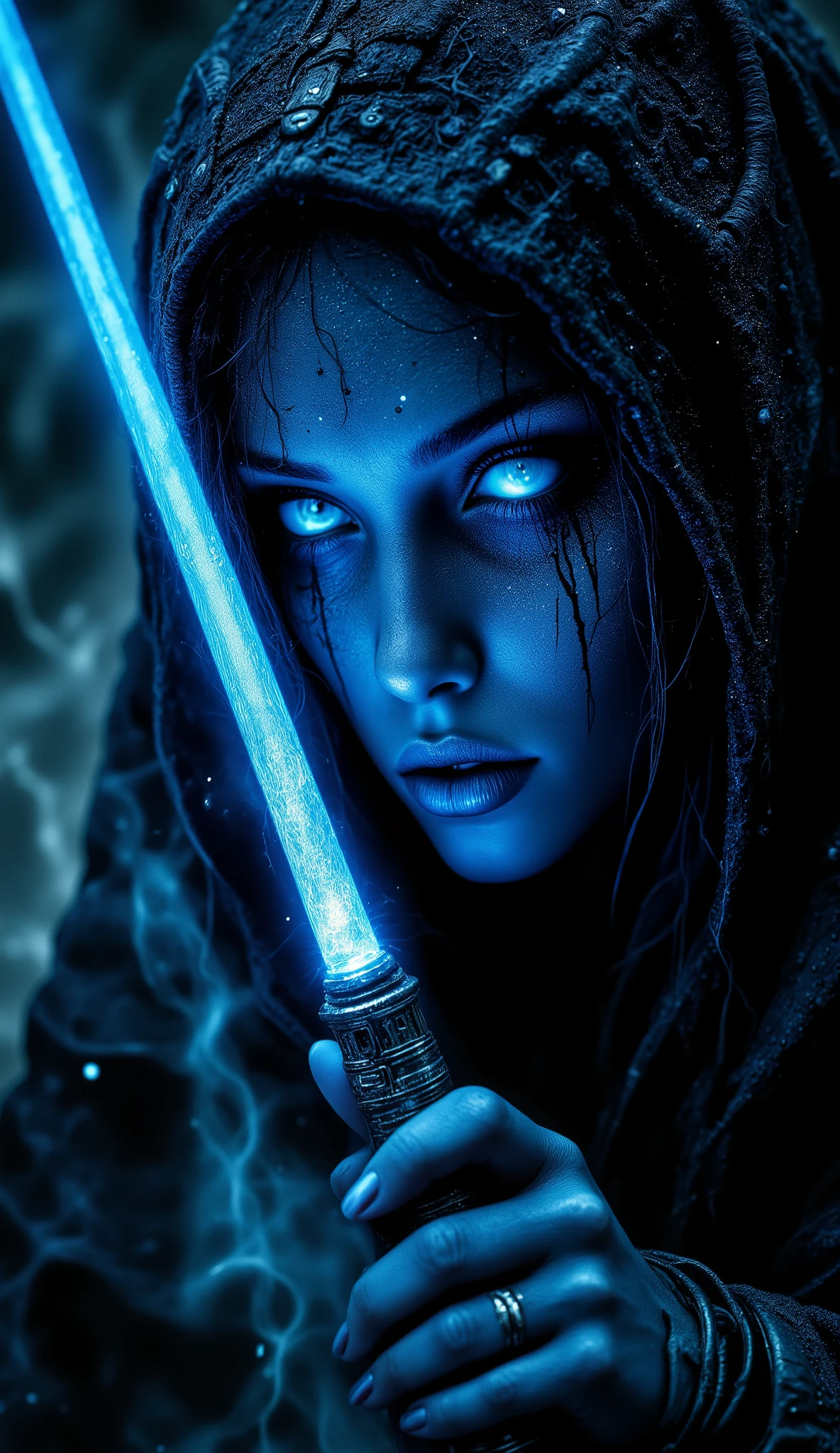 depth of field, focused subject, close up, 1girl, demon face, solo, black jedi robe, glowing hair, looking at the viewer, heterochromia eyes, neon color palette, holding neon sword, eerie, dynamic lighting, shadows, silhouette, ghost in armor, dynamic angle, from side,
masterpiece, best quality, amazing quality