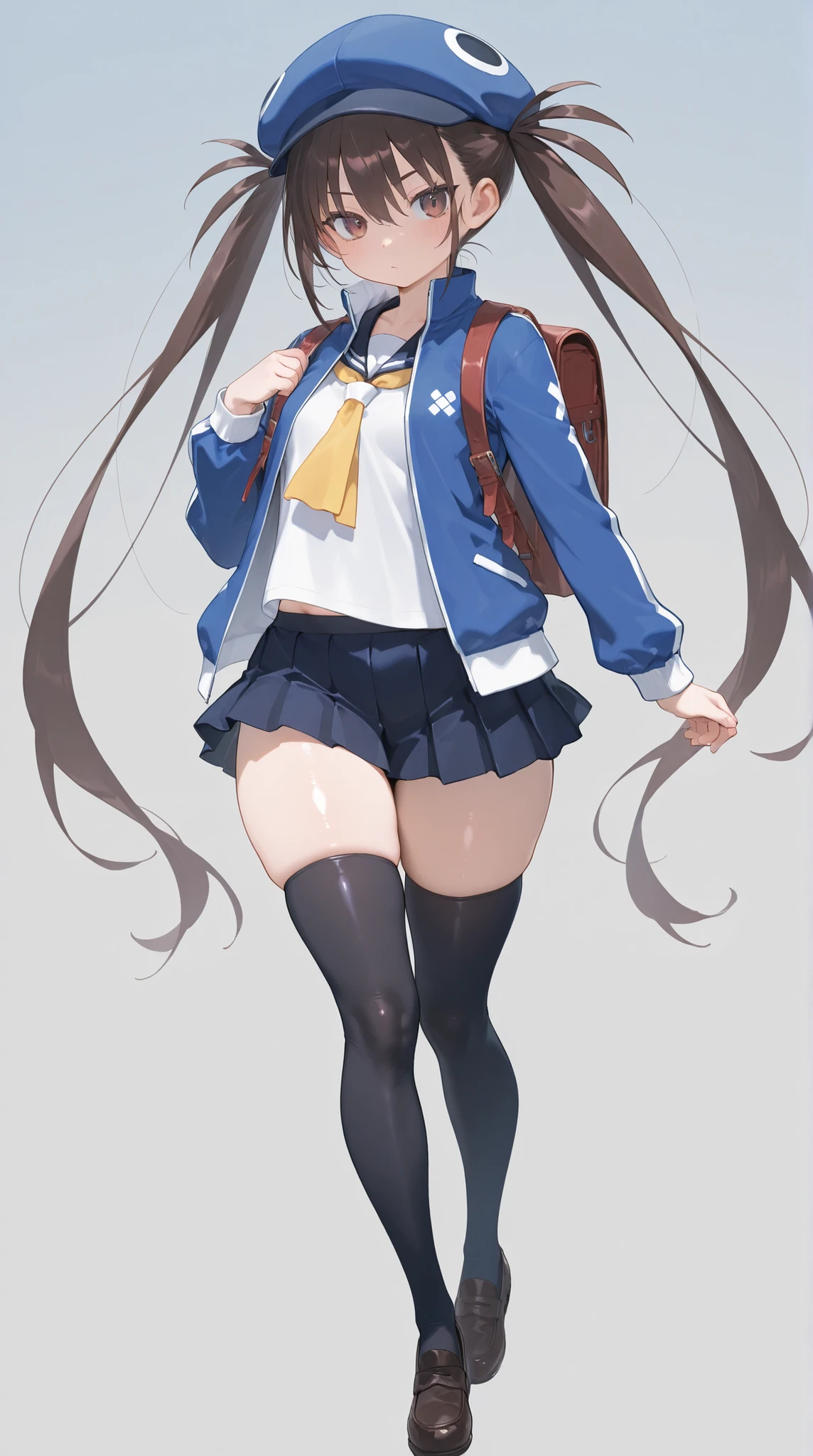 d4fuuka, twin tails,
skirt, knee-high, OPEN JACKET, School Shirt, track jacket, necktie, school uniform, backpack, loafers, blue headwear, PERFECT SIZE CLOTHING, shiny skin, Curvy Bodies ,
