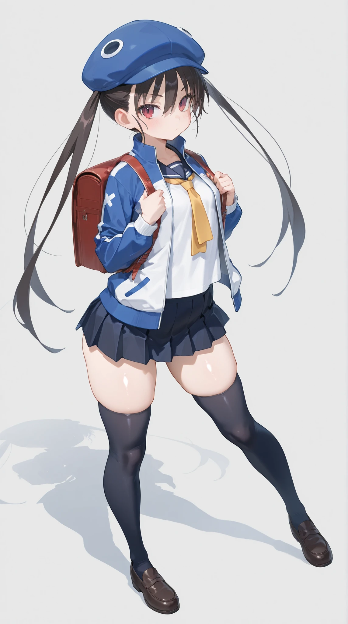 d4fuuka, twin tails,
skirt, knee-high, OPEN JACKET, School Shirt, track jacket, necktie, school uniform, backpack, loafers, blue headwear, PERFECT SIZE CLOTHING, shiny skin, Curvy Bodies ,