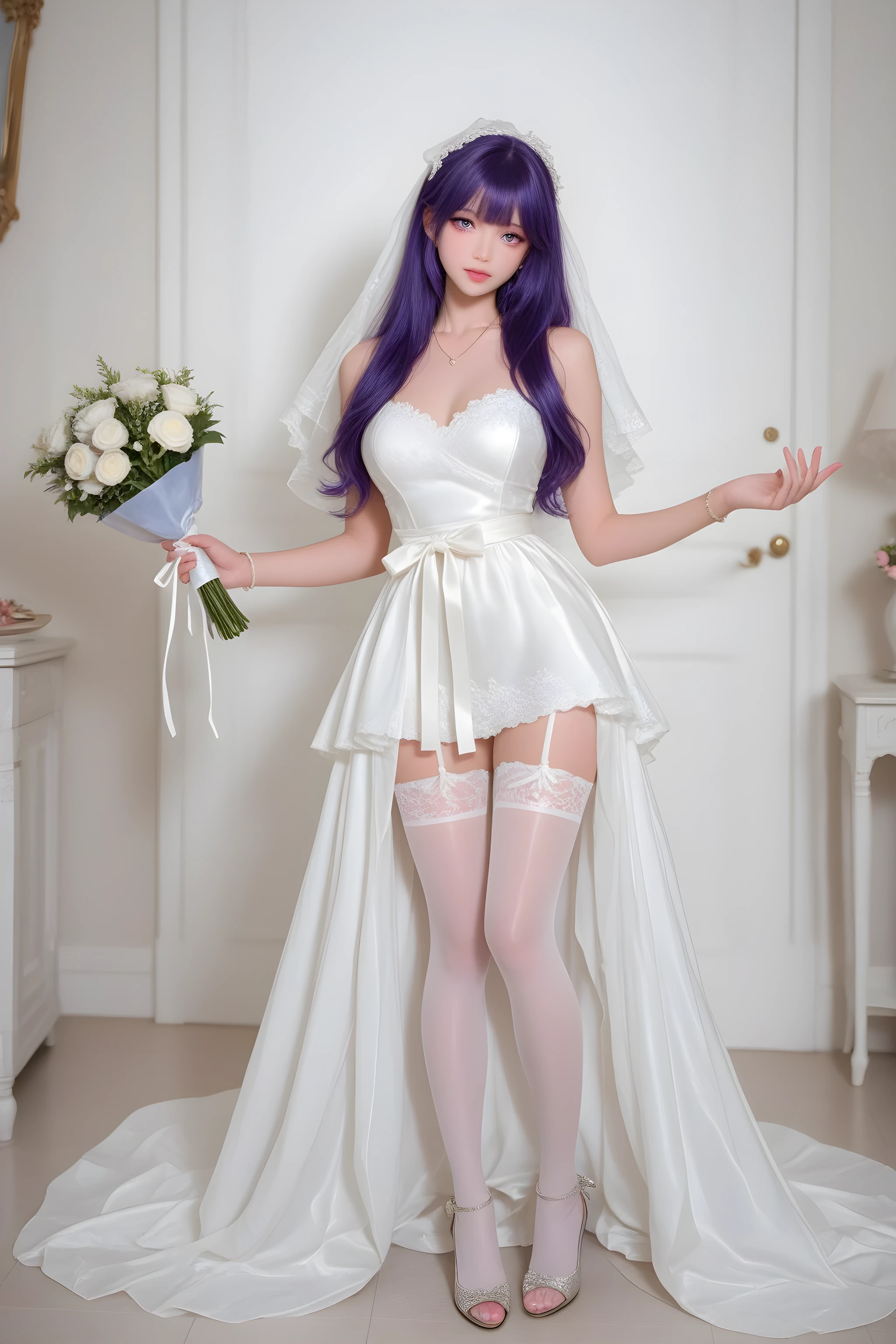 A beautifully detailed 、High quality、Very high resolution、 Clear subject 、Excellent depth of field、A masterpiece with dynamic lighting、A masterpiece with a vivid shooting angle。A girl with purple hair,bouquet in hand,wears a long white wedding dress,Bow waist,Wear a white ribbon on your head,wearing high heels,Wear a necklace on your chest、Bracelets and Necklaces,feet wearing shiny white lace stockings,standing alone。She has purple eyes,alone,Standing quietly 。