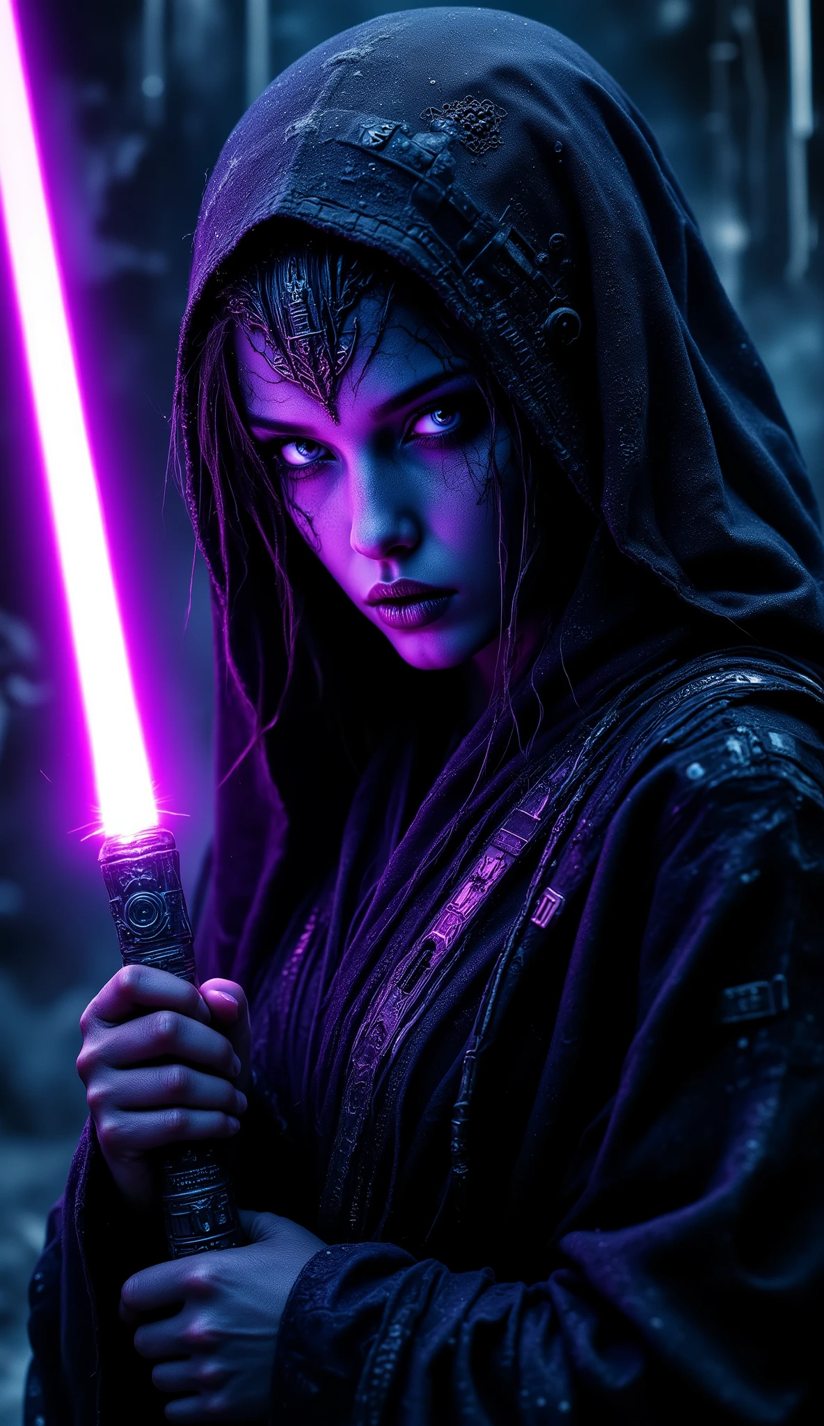 depth of field, focused subject, close up, 1girl, demon face, solo, black jedi robe, glowing hair, looking at the viewer, heterochromia eyes, neon color palette, holding neon sword, eerie, dynamic lighting, shadows, silhouette, ghost in armor, dynamic angle, from side,
masterpiece, best quality, amazing quality