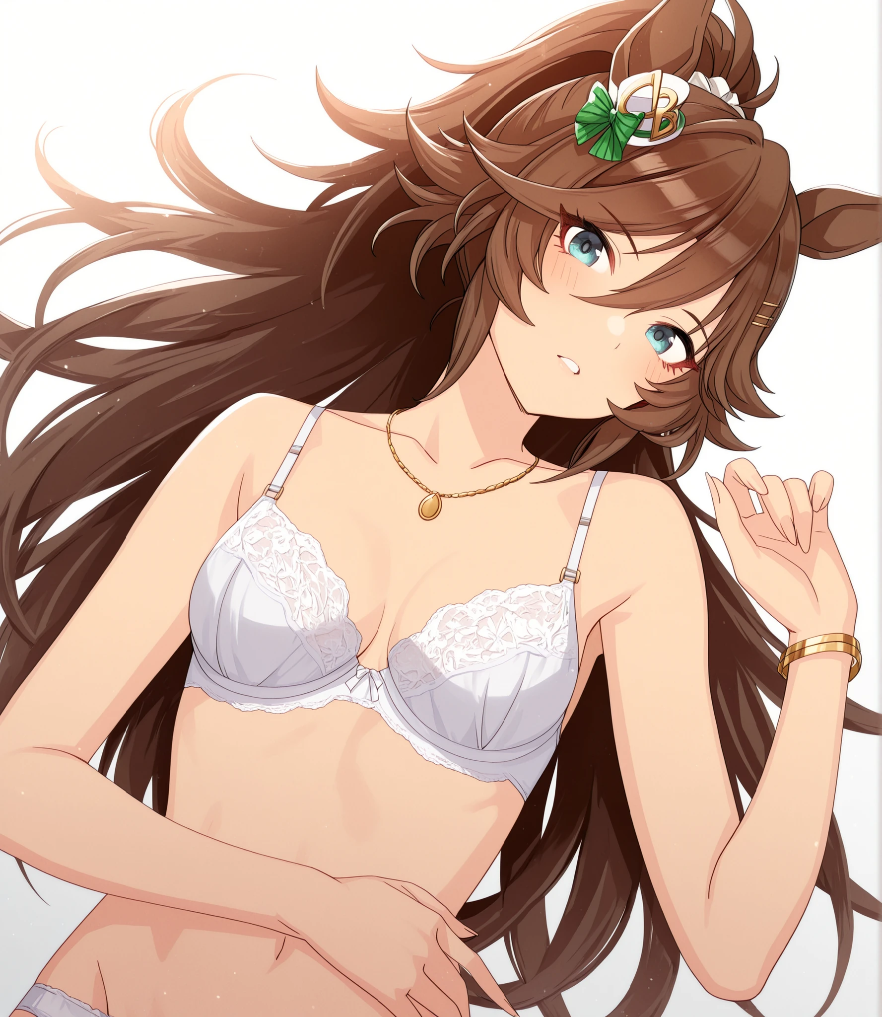 masterpiece, , absurdres, highres, detailed background, high resolution, masterpiece, necessary, detail, best quality, quality, necessary, details, High details, Precise, dark, (white background, simple background) , sunlight, ((dutch angle)), from above,
1girl, , umamusume style, tomari style, solo, <lora:XL-Tomari-veryberry00-ILXL:1>, (aged up:1.2), head tilt, on back, earing,
tall girl, mr. c.b. , (slim body, slim arms), \(umamusume\), (green blue eyes), brown hair, ((high ponytail)), tsurime, white lacy bra, (), (), white panties, , jewelry, necklace, bracelet, ,
(), , , small , looking at viewer, , (pale skin),