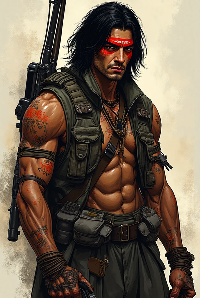 > A rugged, intense Brazilian ex-agent stands under pouring rain in a neon-lit alley. His muscular body is covered in scars and tribal tattoos, and he wields dual combat knives with a reverse grip. His long black hair is slicked back by the rain, and a haunting skull-shaped pendant swings from his neck. One eye is bloodshot; the other reflects a violent past. His pants are tactical cargo style, torn from battle, and his boots are muddy and worn. Around him, broken crates and flickering lights suggest a recent fight. He’s breathing heavily, cornered but fearless. Style: anime-gritty realism, moody lighting, heavy rain detail, intense emotional atmosphere.
