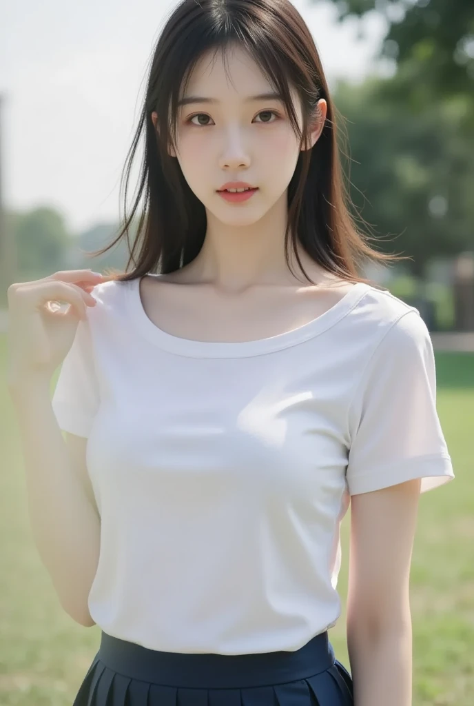(Highest quality, masterpiece:1.2), woman, Portraiture, Outdoor,(Highest quality, 8k wallpaper, Tabletop, Ultra HD: 1.3), Real,現実にいるwoman,25歳ぐらいのwoman,Japanese,A cute face is better than a pretty face,120cm ,Short Hair,Slim figure,Beautiful skin,healthy, Delicate lips, Beautiful Eyes, double eyelid,whole body,clear,black t-shirts,Metal T-shirt,