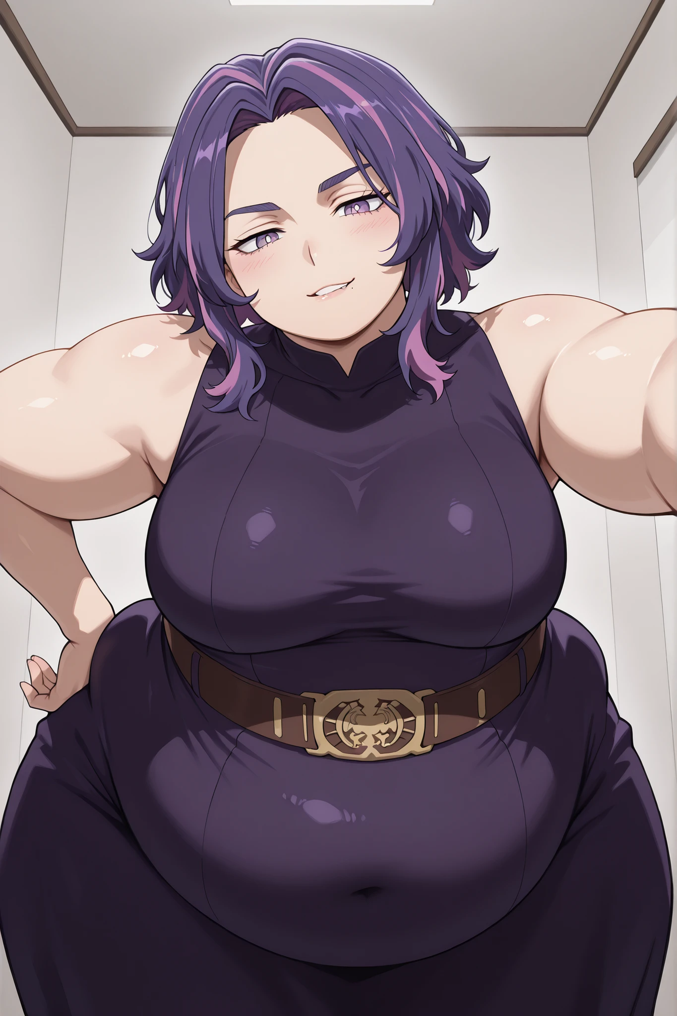 hyper fat,hyper obese,bloated belly,obese,fat,plump,WeightObese,Lady Nagant,kabedon on viewer,Lady Nagant,shiny skin,looking at viewer,seductive smile,open mouth,teeth,biting lip,adult, milf,mature looking woman,blushing,source_anime, hires image, masterpiece, best quality, newest, masterpiece, best quality, 4k, 1girl, purple eyes, white pupils, purple hair, pink hair, short hair, multicolored hair, breasts, medium breasts, bare shoulders, anime athletic build,mature woman,biceps visible,standing up,indoors,bedroom, leaning towards viewer, narrow waist,curvy,attractive female,attractive, juicy thighs,cowboy shot, facing viewer,wide hips, leaning forward, head tilt,dynamic angle, hand on own hip, kabedon on viewer, leaning forward, face to face, in front of viewer,other hand resting on hip,high quality fingers,one hand above viewer,dress, purple dress, bare shoulders, sleeveless, belt,