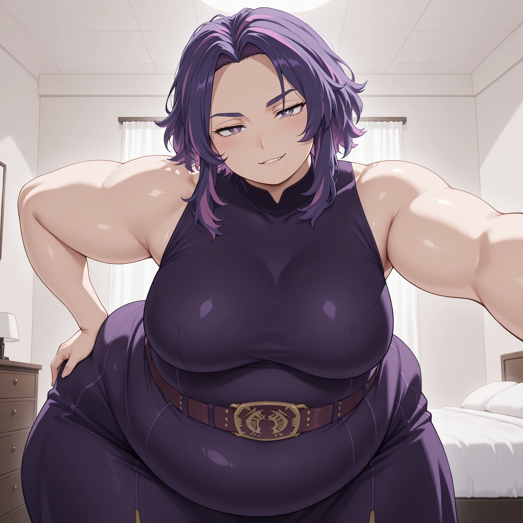 bloated belly,fat,plump,hyper fat,hyper obese,WeightImmobile,Lady Nagant,kabedon on viewer,Lady Nagant,shiny skin,looking at viewer,seductive smile,open mouth,teeth,biting lip,adult, milf,mature looking woman,blushing,source_anime, hires image, masterpiece, best quality, newest, masterpiece, best quality, 4k, 1girl, purple eyes, white pupils, purple hair, pink hair, short hair, multicolored hair, breasts, medium breasts, bare shoulders, anime athletic build,mature woman,biceps visible,standing up,indoors,bedroom, leaning towards viewer, narrow waist,curvy,attractive female,attractive, juicy thighs,cowboy shot, facing viewer,wide hips, leaning forward, head tilt,dynamic angle, hand on own hip, kabedon on viewer, leaning forward, face to face, in front of viewer,other hand resting on hip,high quality fingers,one hand above viewer,dress, purple dress, bare shoulders, sleeveless, belt,