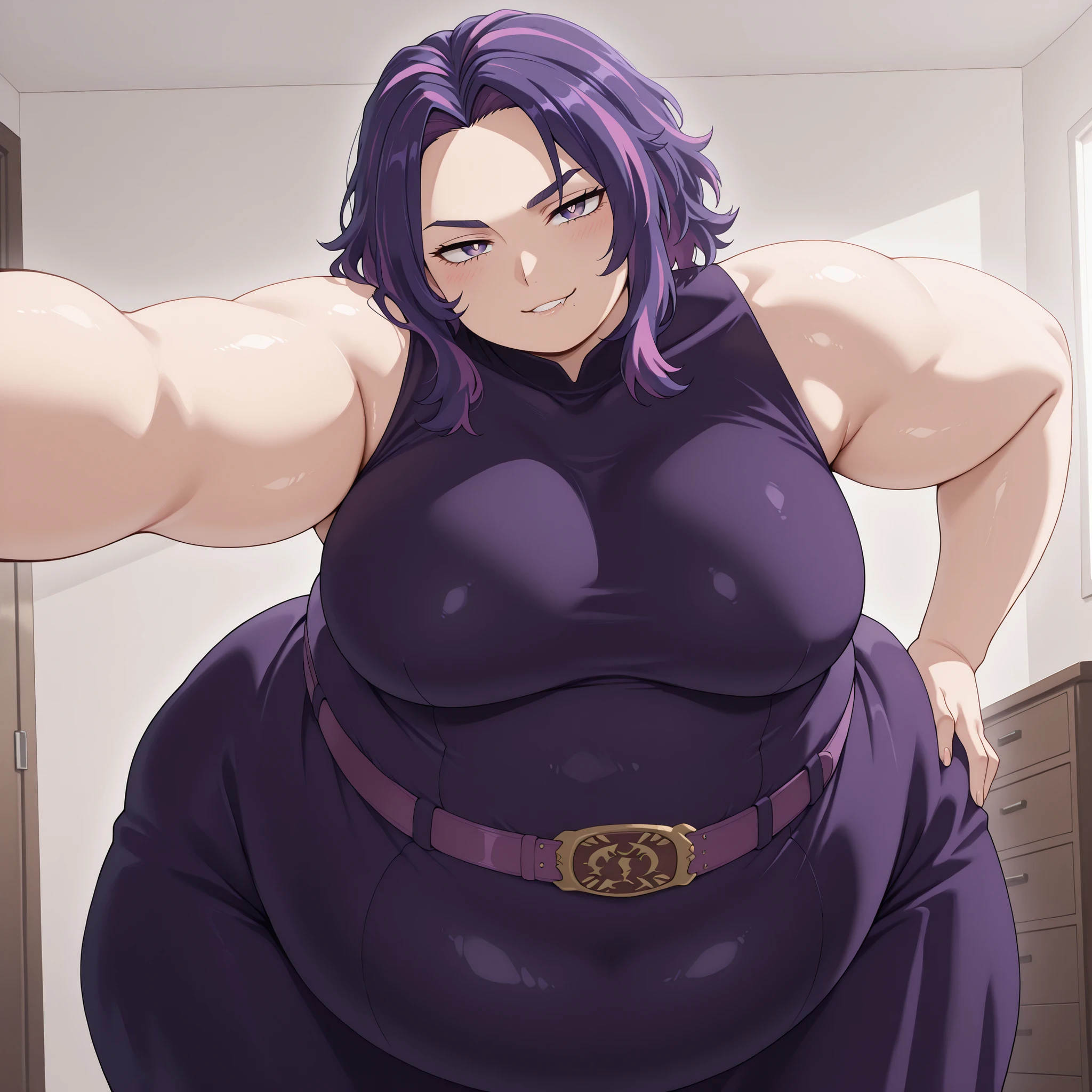 bloated belly,fat,plump,hyper fat,hyper obese,WeightImmobile,Lady Nagant,kabedon on viewer,Lady Nagant,shiny skin,looking at viewer,seductive smile,open mouth,teeth,biting lip,adult, milf,mature looking woman,blushing,source_anime, hires image, masterpiece, best quality, newest, masterpiece, best quality, 4k, 1girl, purple eyes, white pupils, purple hair, pink hair, short hair, multicolored hair, breasts, medium breasts, bare shoulders, anime athletic build,mature woman,biceps visible,standing up,indoors,bedroom, leaning towards viewer, narrow waist,curvy,attractive female,attractive, juicy thighs,cowboy shot, facing viewer,wide hips, leaning forward, head tilt,dynamic angle, hand on own hip, kabedon on viewer, leaning forward, face to face, in front of viewer,other hand resting on hip,high quality fingers,one hand above viewer,dress, purple dress, bare shoulders, sleeveless, belt,