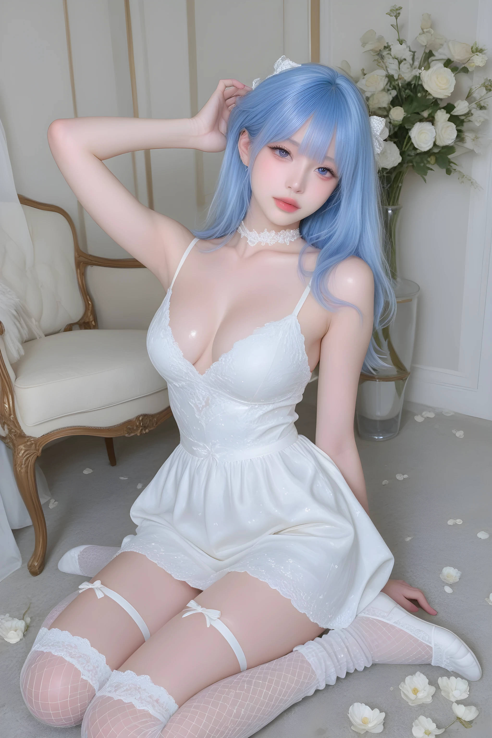 A white girl with blue hair,in a dress,Full breasts ,Glossy white mesh socks with pedals,show details。