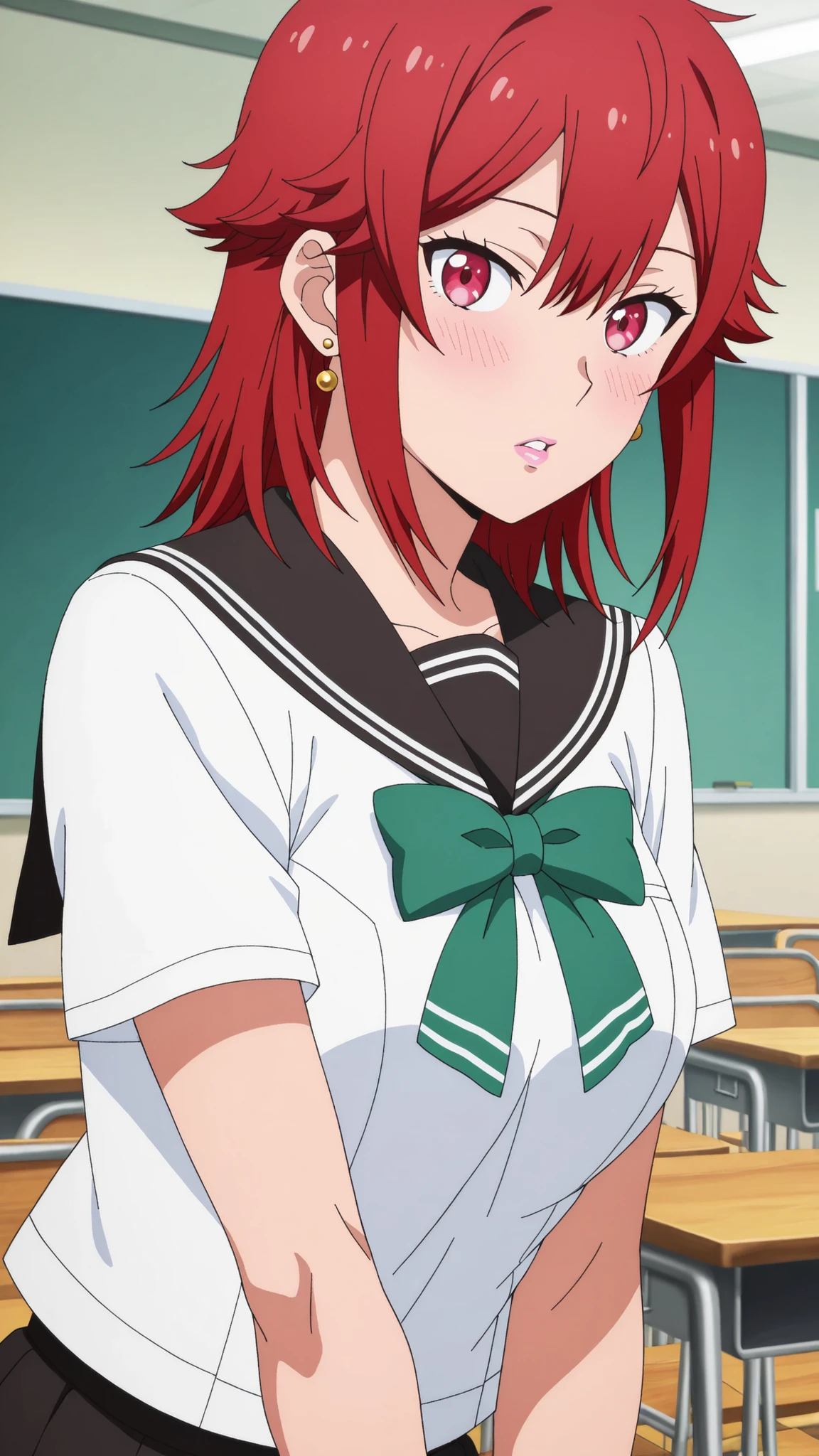 Aizawa Satoshi , medium hair, 赤い髪, medium breasted, earrings, pink lips , fiery red eyes, Muscular Body , |  Anime Screen Caps Score, score_9, score_8_up, score_7_up, source_ anime BREAK dwreiko, 1girl, solo, Indoor, Classroom break school uniform, White Sailor Suit, black sailor color, Short sleeve, green ribbon, watching viewers, Flatted Lips, blush 