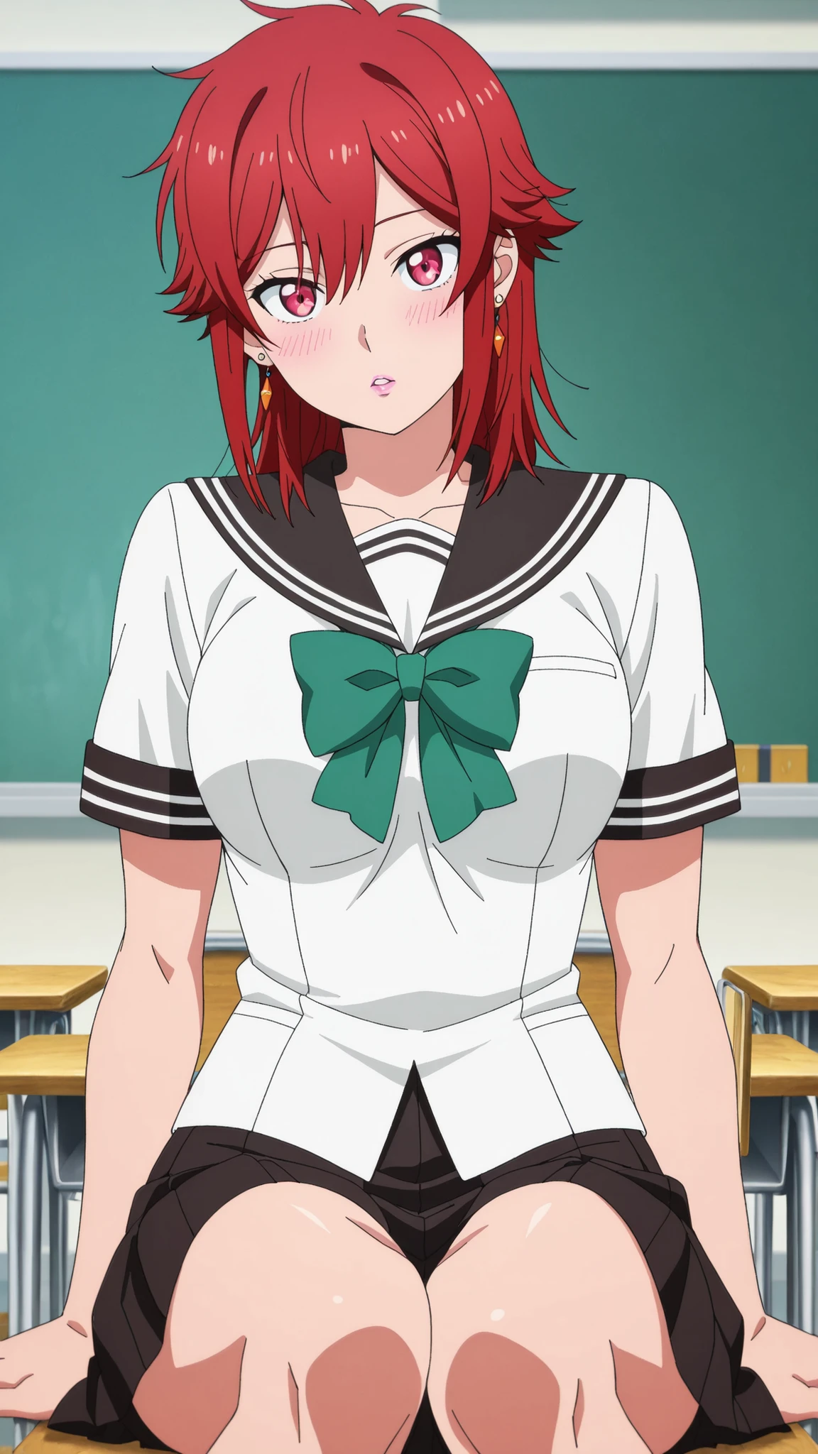 Aizawa Satoshi , medium hair, 赤い髪, medium breasted, earrings, pink lips , fiery red eyes, Muscular Body , |  Anime Screen Caps Score, score_9, score_8_up, score_7_up, source_ anime BREAK dwreiko, 1girl, solo, Indoor, Classroom break school uniform, White Sailor Suit, black sailor color, Short sleeve, green ribbon, watching viewers, Flatted Lips, blush 