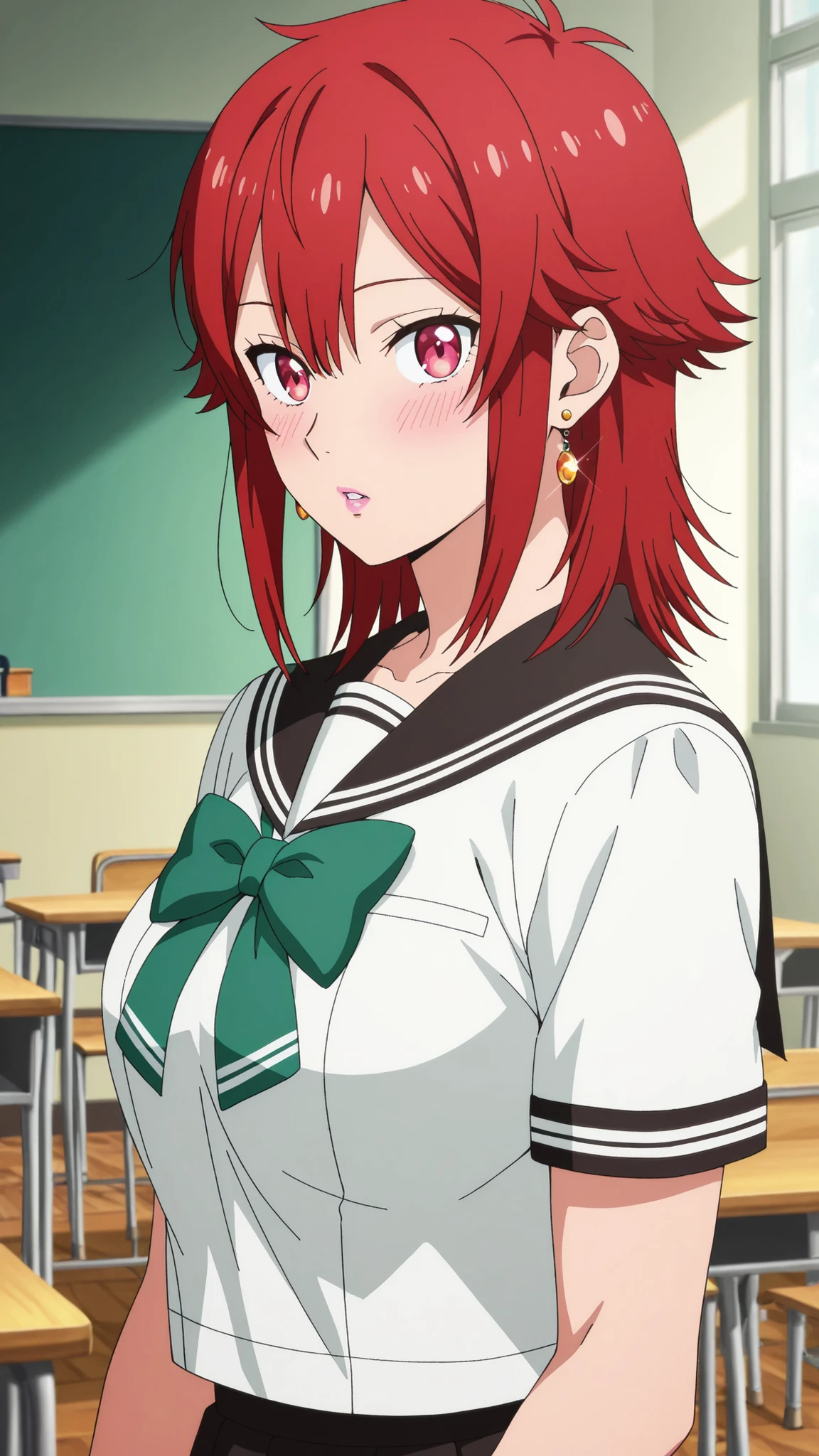 Aizawa Satoshi , medium hair, 赤い髪, medium breasted, earrings, pink lips , fiery red eyes, Muscular Body , |  Anime Screen Caps Score, score_9, score_8_up, score_7_up, source_ anime BREAK dwreiko, 1girl, solo, Indoor, Classroom break school uniform, White Sailor Suit, black sailor color, Short sleeve, green ribbon, watching viewers, Flatted Lips, blush 