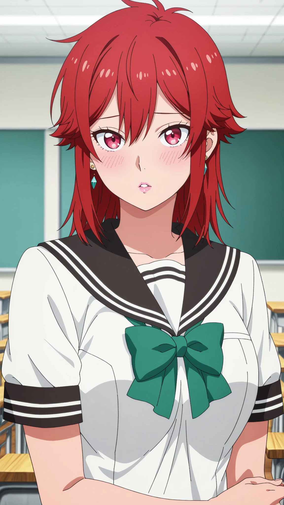 Aizawa Satoshi , medium hair, 赤い髪, medium breasted, earrings, pink lips , fiery red eyes, Muscular Body , |  Anime Screen Caps Score, score_9, score_8_up, score_7_up, source_ anime BREAK dwreiko, 1girl, solo, Indoor, Classroom break school uniform, White Sailor Suit, black sailor color, Short sleeve, green ribbon, watching viewers, Flatted Lips, blush 