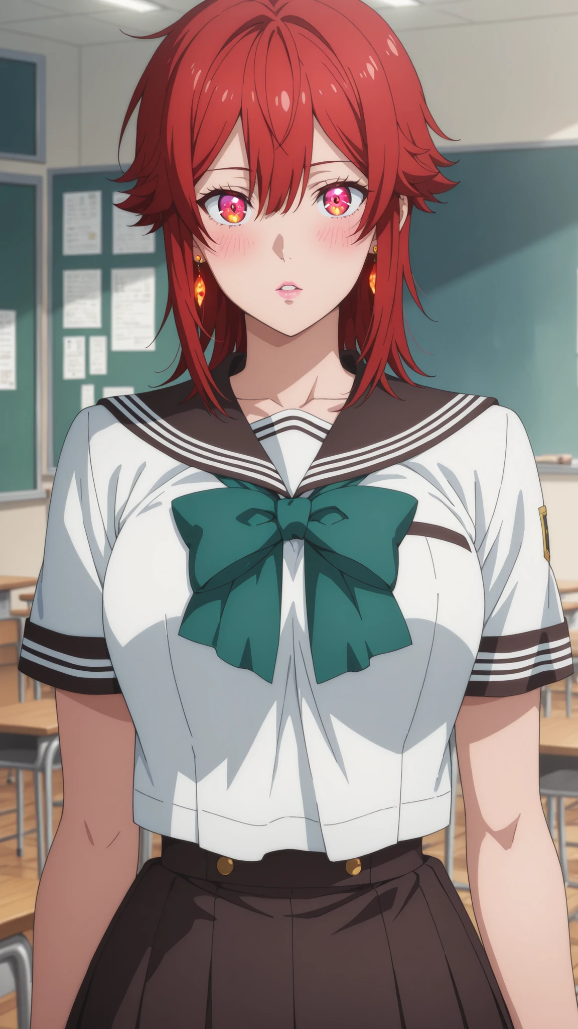 Aizawa Satoshi , medium hair, 赤い髪, medium breasted, earrings, pink lips , fiery red eyes, Muscular Body , | Anime Screen Caps Score, score_9, score_8_up, score_7_up, source_ anime BREAK dwreiko, 1girl, solo, Indoor, Classroom break school uniform, White Sailor Suit, black sailor color, Short sleeve, green ribbon, watching viewers, Flatted Lips, blush