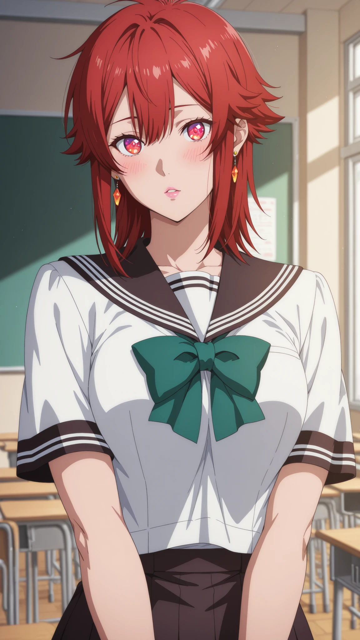 Aizawa Satoshi , medium hair, 赤い髪, medium breasted, earrings, pink lips , fiery red eyes, Muscular Body , |  Anime Screen Caps Score, score_9, score_8_up, score_7_up, source_ anime BREAK dwreiko, 1girl, solo, Indoor, Classroom break school uniform, White Sailor Suit, black sailor color, Short sleeve, green ribbon, watching viewers, Flatted Lips, blush 