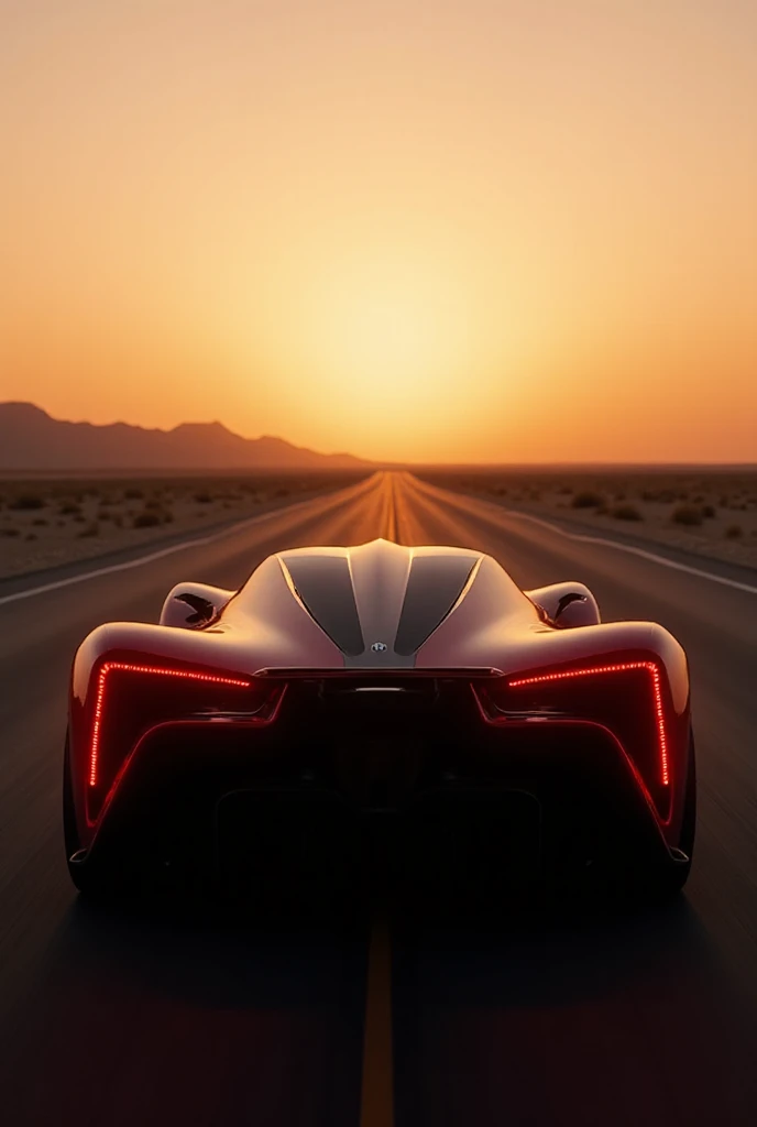 3. Back Side Look

> Rear-angle view of a Crimson Red Devel Sixteen hypercar on a desert highway during sunset. The taillights glow slightly, exhaust vents and curves highlighted by the warm sunlight. The desert road stretches into the horizon, creating a cinematic, high-speed aura.


