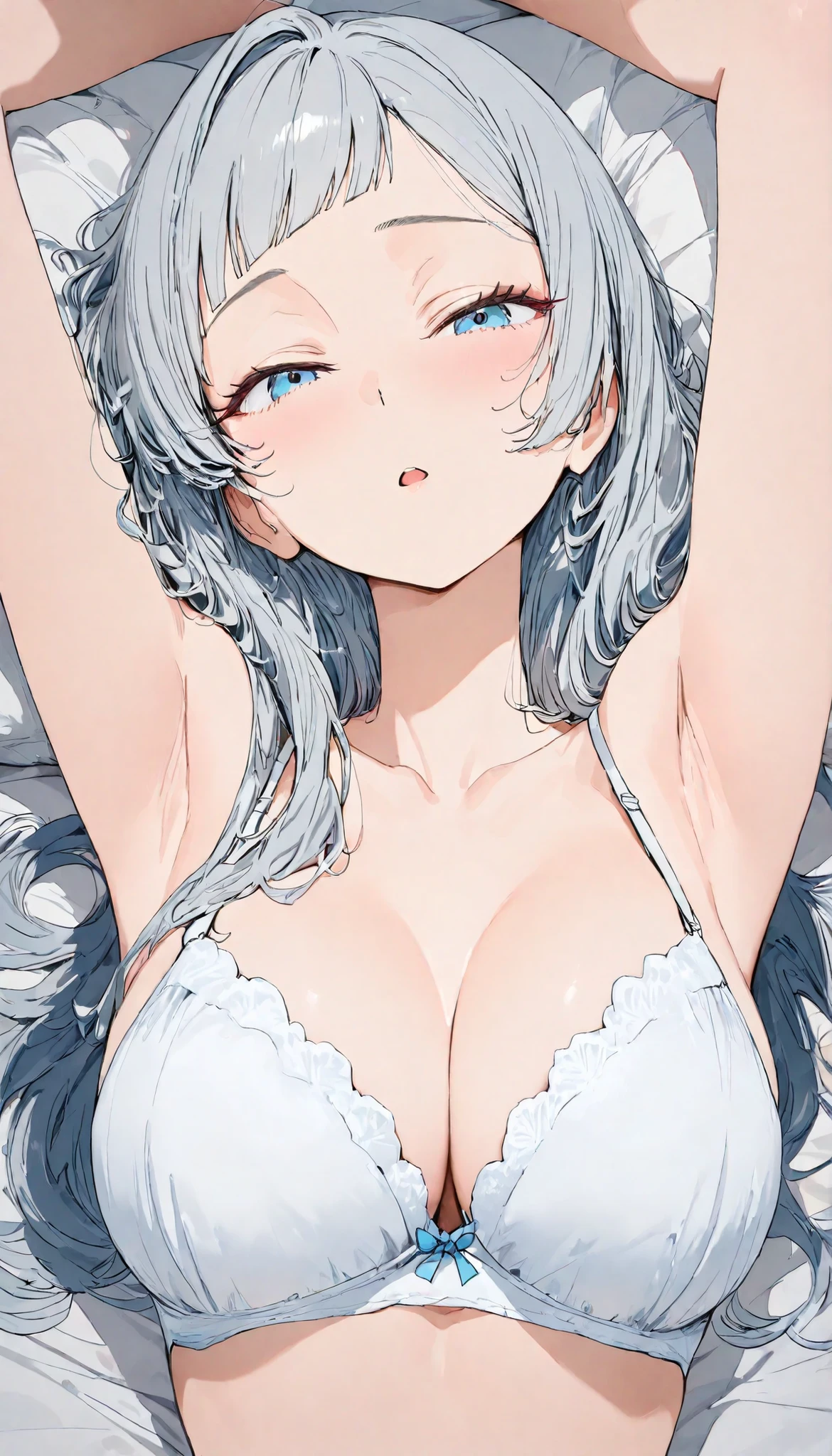 Masterpiece, top quality, very detailed , close-up, animation style, Japanese illustration style, Beautiful mature woman with a perfect body, slim, (silver hairstyle, long layered hair, tousled layers, soft asymmetrical bangs, short bangs), blue eyes, large breasts, alone, face, look at viewer. white bra, The bra strap is slipping down. short sporty running shorts with curved side hems and contrast trim. lightweight fabric, comfortable fit, Half-close your eyes. open mouth. bed room, lying on bed. bow down. chest, shy expression. shy. armpit. raise both arms above head. beautiful leg line.