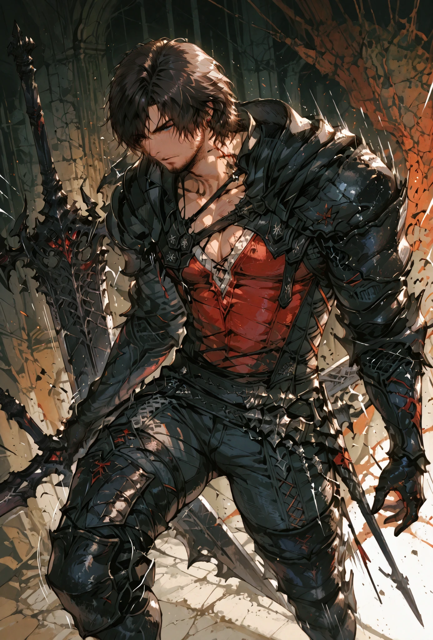 Clive Rosfield,final fantasy xvi, holding a metal sword, Def, male focus, muscular male, white hair, spiked brown hair, short hair, armor, metal gaulet, extremely detailed,dynamic lighting,best quality,,,best quality,high quality,, , dynamic angle, , thick thighs, motion lines,, , solo, perfect eyes,siting in a metal throne,DETAIL,MASTERPIECE,,Expressiveh, ultra detailed,,,,very detailed,extremely detailed,dynamic lighting,best quality,