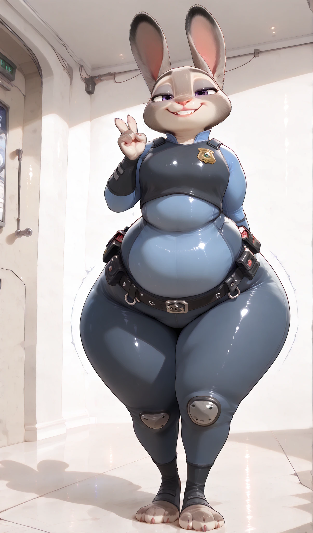 score_9, score_8_up, score_7_up, 1girl, solo, Judy Hopps from Zootopia, Police Uniforms, ( plump:1.6),thick thighs,Naughty Smile,(wide hips:1.4),thick arms,hand behind your back,Light Blue Inner,an object in the shape of dark blue pants,black belt,(long legs:1.1),(Wide body:1.5),(Naughty Smile:1.3),(nasty expression:1.3),vivid contrast,flaky costume