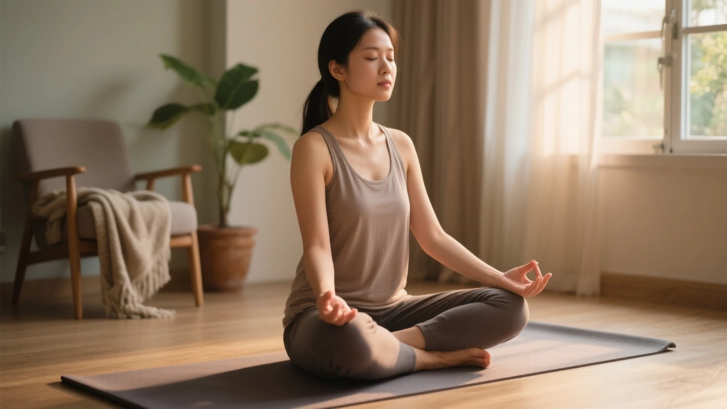 Woman sitting on a yoga mat and doing yoga poses, To meditation pose, Meditation pose, Sitting cross-legged, Meditative Sacral Pose, yoga Meditation pose, To meditation in lotus position, Lotus, Relaxed posture, Dynamic sitting pose, To meditation, Padmasana, Full body concentration pose, Sitting pose, Forward facing pose, Anjali Mudra
