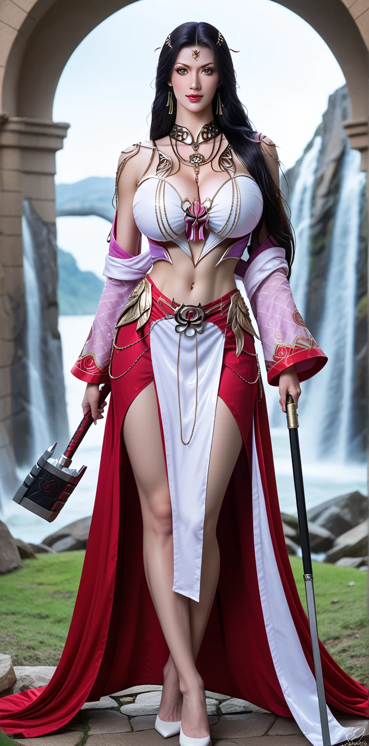 Female ninja，Gold eye patch，red color Hanfu，Wire elbow sheath，Dance with the glittering sword，Jump status，blasts，tentaculata，ultra hd photo。