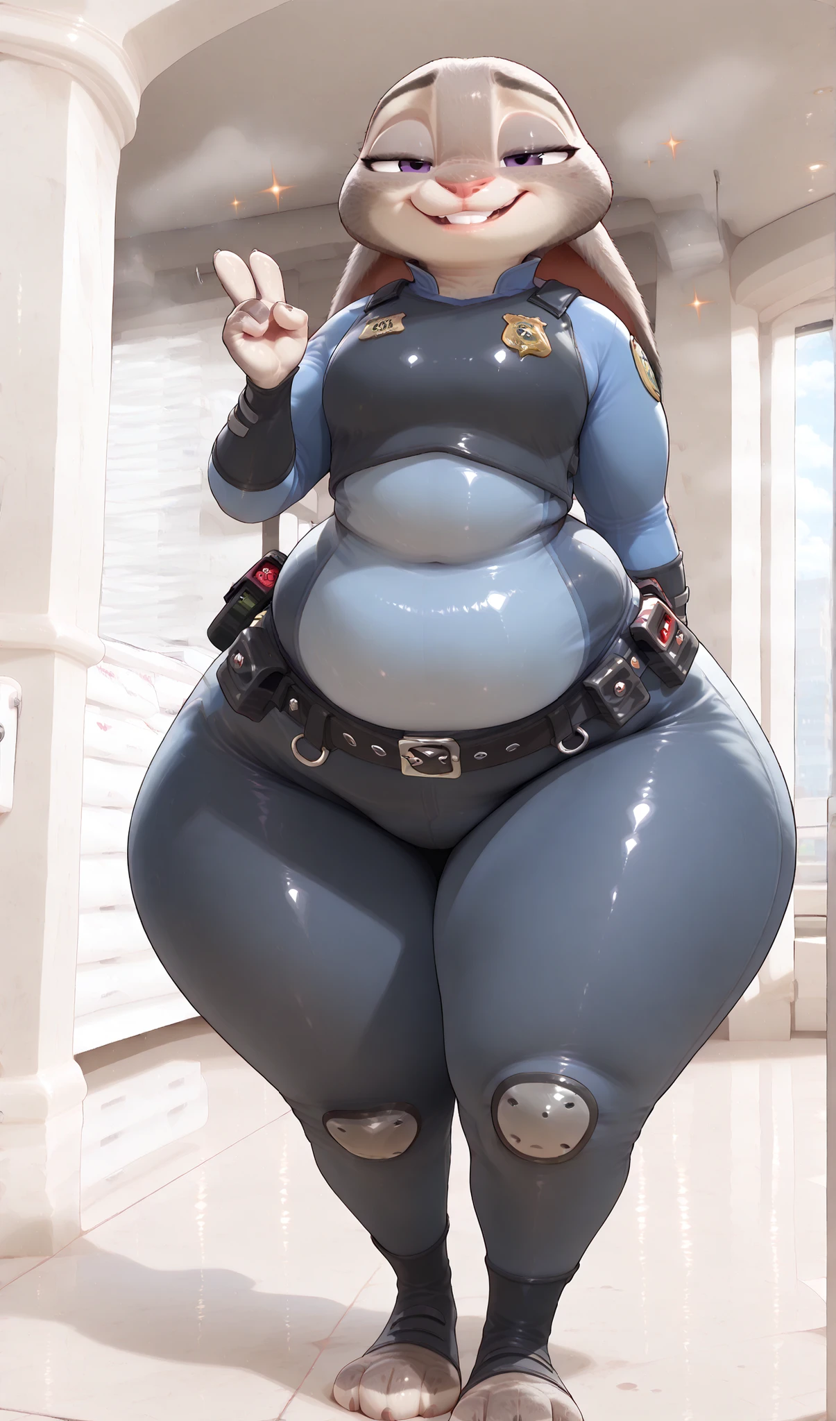 score_9, score_8_up, score_7_up, 1girl, solo, Judy Hopps from Zootopia, Police Uniforms, ( plump:1.6),thick thighs,Naughty Smile,(wide hips:1.4),thick arms,hand behind your back,Light Blue Inner,an object in the shape of dark blue pants,black belt,(long legs:1.1),(Wide body:1.5),(Naughty Smile:1.3),(nasty expression:1.3),vivid contrast,Tense costumes