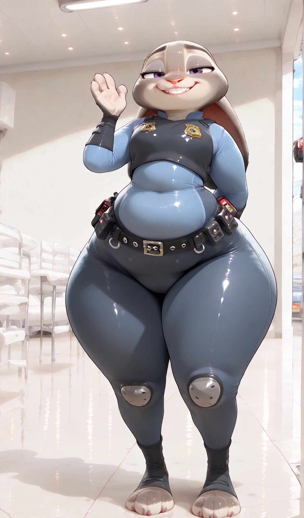 score_9, score_8_up, score_7_up, 1girl, solo, Judy Hopps from Zootopia, Police Uniforms, ( plump:1.6),thick thighs,Naughty Smile,(wide hips:1.4),thick arms,hand behind your back,Light Blue Inner,an object in the shape of dark blue pants,black belt,(long legs:1.1),(Wide body:1.5),(Naughty Smile:1.3),(nasty expression:1.3),vivid contrast,Tense costumes