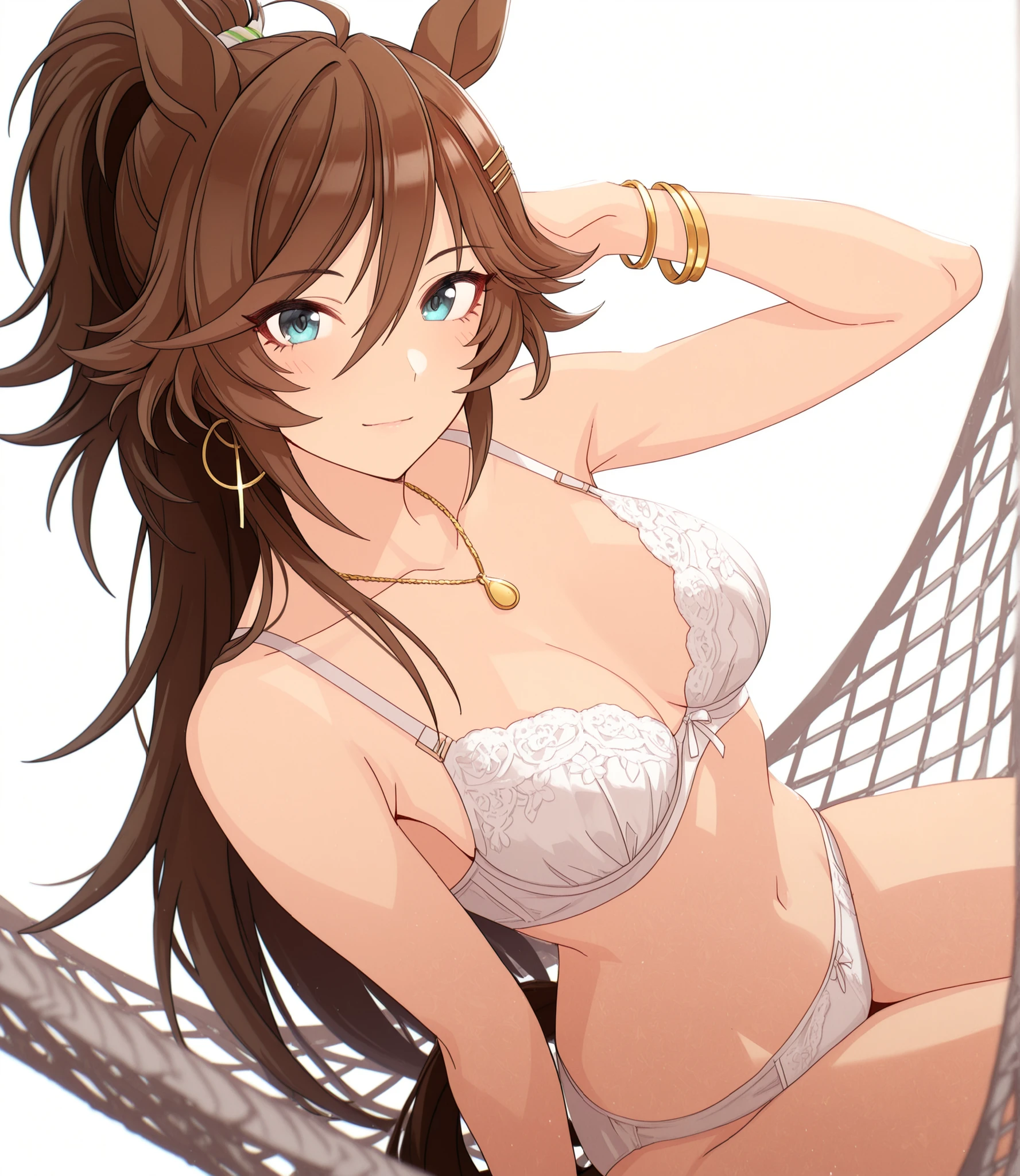 masterpiece, , absurdres, highres, detailed background, high resolution, masterpiece, necessary, detail, best quality, quality, necessary, details, High details, Precise, dark, (white background, simple background) , sunlight, ((dutch angle)), from above,
                                                                                                                                                                                                                         1girl, , umamusume style, tomari style, solo, <lora:XL-Tomari-veryberry00-ILXL:1>, (aged up:1.2), head tilt, sitting ,hammock, earing,
   
tall girl, mr. c.b. , (slim body, slim arms),  \(umamusume\), (green blue eyes), brown hair, ((high ponytail)), tsurime, (only ), white lace bra, black lace bra , , jewelry, necklace, bracelet, light smile,
(), , , small ,  looking at viewer, ,  (pale skin),