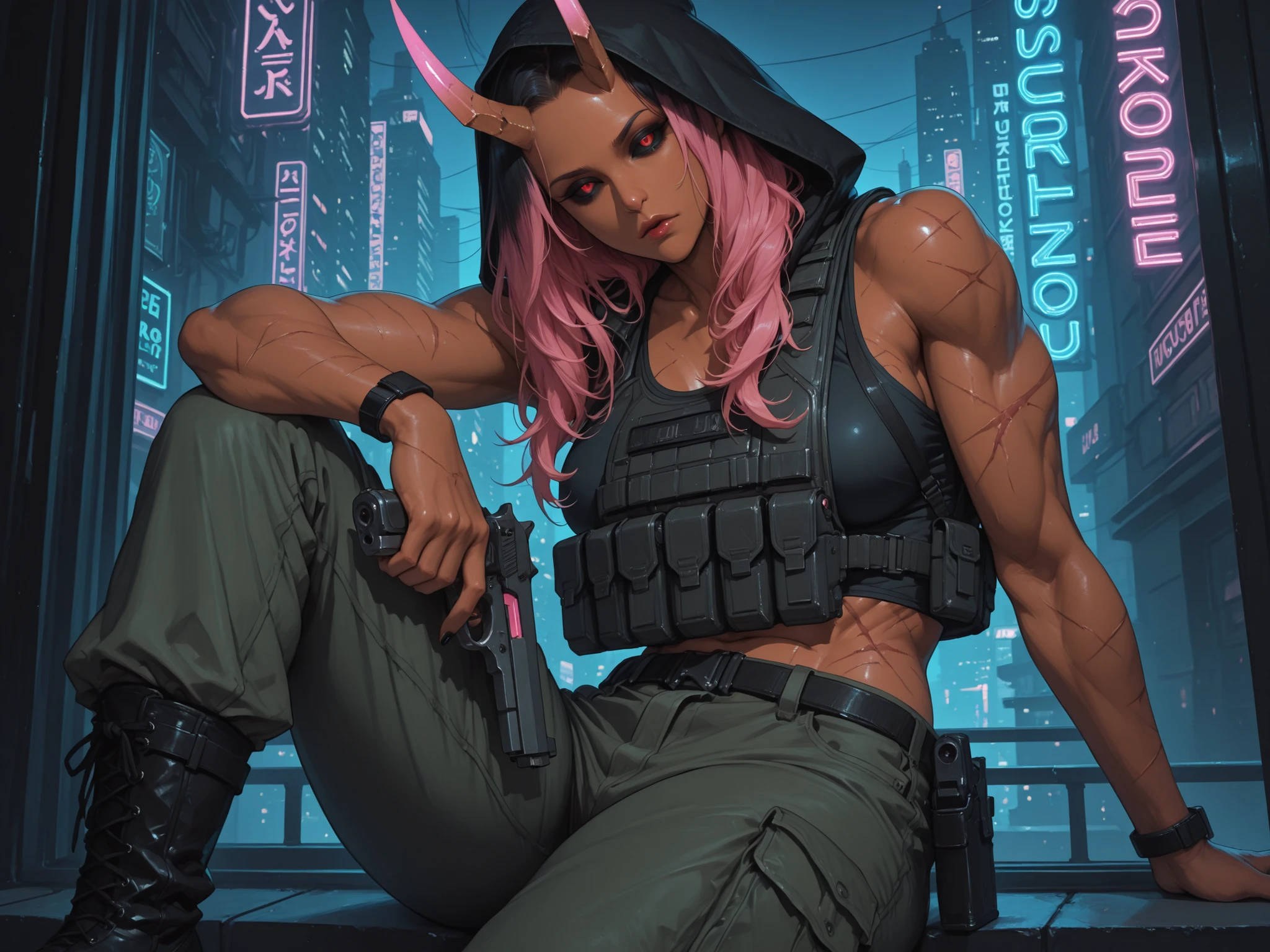 safe_pos, score_9, score_8_up, score_7_up (zPDXL3)  Stable_Yogis_PDXL_Positives,  BREAK outside, roof_top, night, cyberpunk_city, Neon_lights

1MILF, mature woman, solo, tall, (dark_skin_tone:1.3), Cybernetic_Oni_horns, muscular thighs, muscular_arms, long_hair, black_hair (Pink_hair_highlights), (scars_on_body:1.3), black nails, fangs, long_fangs, tired_expression, hollow_eyes, red_eyes, black_sclera, sitting_on_ledge (Holding_pistol), black_hood, cargo_pants, tank_top, bullet_proof_vest, black_boots, looking_down_at_viewer, , Mature looks, MILF, 8k, (masterpiece) Expressiveh