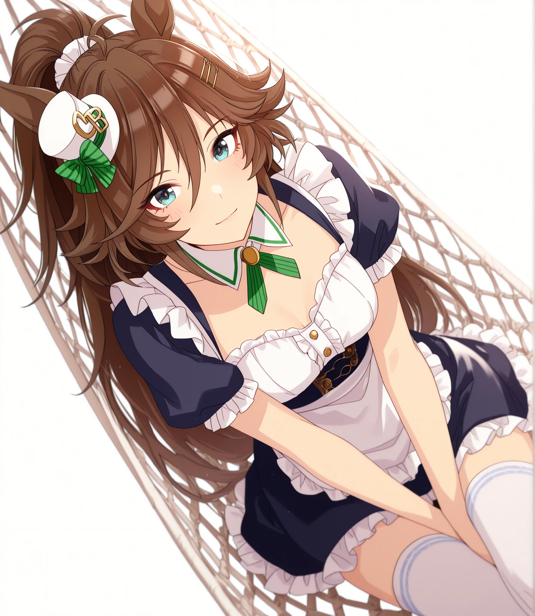 masterpiece, , absurdres, highres, detailed background, high resolution, masterpiece, necessary, detail, best quality, quality, necessary, details, High details, Precise, dark, (white background, simple background) , sunlight, ((dutch angle)), from above,
                                                                                                                                                                                                                         1girl, , umamusume style, tomari style, solo, <lora:XL-Tomari-veryberry00-ILXL:1>, (aged up:1.2), head tilt, sitting ,hammock, earing,
   
tall girl, mr. c.b. , (slim body, slim arms),  \(umamusume\), (green blue eyes), brown hair, hair ornament, ((high ponytail)), tsurime, (maid clothes), thighhighs, zettai_ryouiki ,  light smile,
(), , , small ,  looking at viewer, ,  (pale skin),