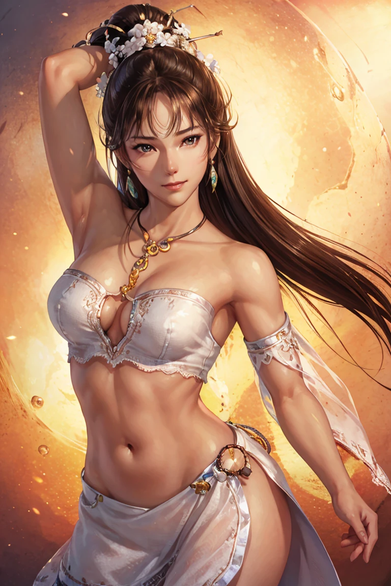 ( Masterpiece, 8k resolution, ultra-realistic, very detailed) Sexy star sapphire cosmic super heroine, Latina Adult model Daisy Marie(wears a tiara/headband) photography by artgerm, in the style of realism, glistening skin, cartooncore, mangacore, natural lighting, Defined full lips. Muscular Latina Adult model Daisy Marie, fitness feminine, body huge breasts, excessivecleavage, sideboob, (In space) (ponytail)