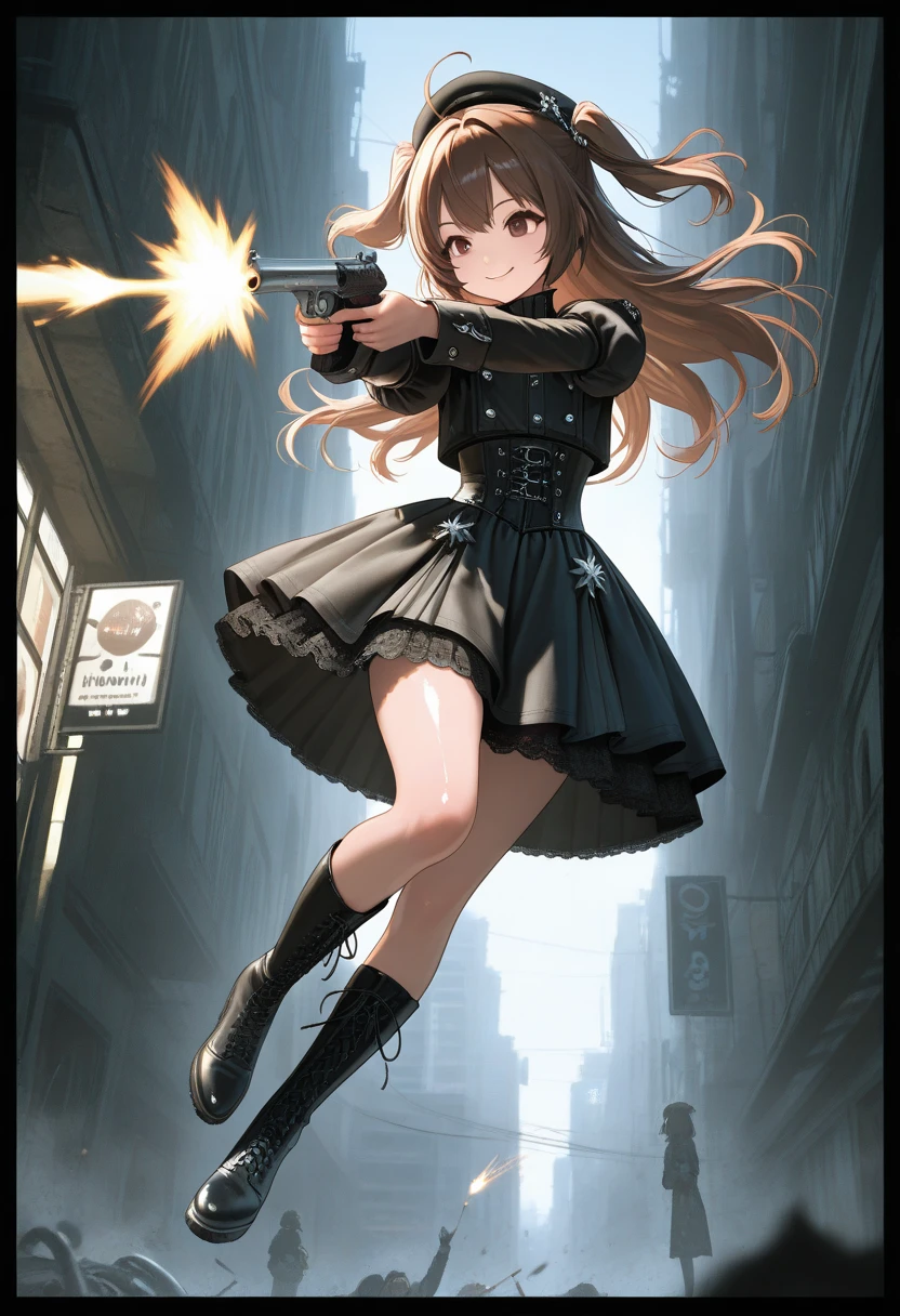 Woman wearing a red dress、Kick a man in a suit with a gun、black pantyhose,Abandoned Factory