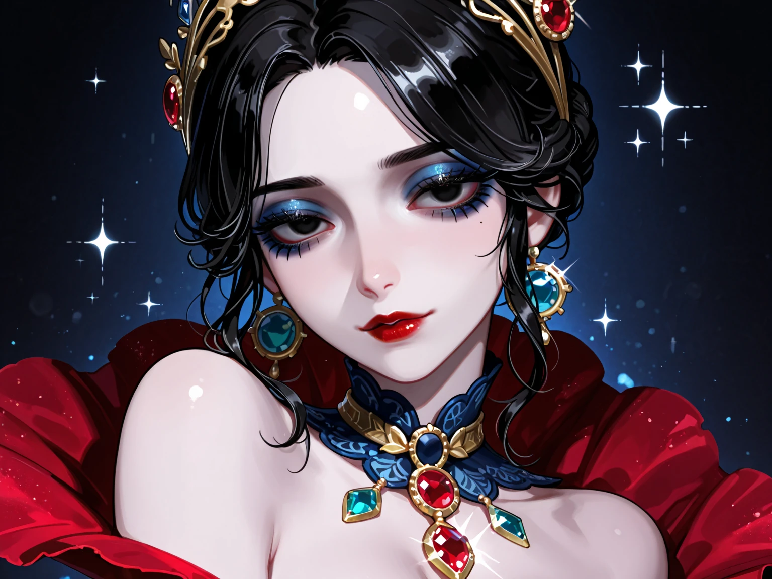 Hot sexy beautiful one indian princess ,   long sparkling chandelier earrings,big breasts, ,black hair ,blush,blue eyes,red lipstick, chandelier jewelry,makeup, ornament, chandelier necklace,waist chain, rings,bangles,hair flower brochure,hair pins,hair chain, royal palaces and grand architecture, Traditional Indian sari, elegant draping style, intricate floral motifs, handwoven silk material, embellished with sequins and beads, sparkling gemstones and gold accents, artistic rendering of Indian culture, traditional jewelry and accessories, indian traditional wedding saree, crown 