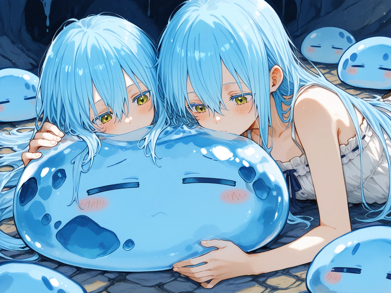 multiple female,Yui, slimey,Multiple slime conversion processes,sedan \(substance\), ((Blue skin:1.3)), (Very long blue hair:1.3), look at viewr,(????????:1.4),Colossal ????,Blushing face,Esbian,(hightquality,high-level image quality:1.2),face confused,The image is separated by a frame that is easy to see,Ears pointed right to the side,(Beautiful red eyes with highlights 1.25),(Multiple human women who are attacked and pushed by blue slime women shake their bodies violently and ???? while ???????々Multiple processes and different angles to transform your body into a blue slime woman:1.5),((Multiple human women who are attacked and pushed by blue slime women shake their bodies violently and ???? while ???????々Different angles of the moment when you change your body into a completely blue slime woman:1.42)),(Cartoon-style screen separation:1.5),((Multiple human women Xu々The process of changing the body to make it closer to a blue slime woman))