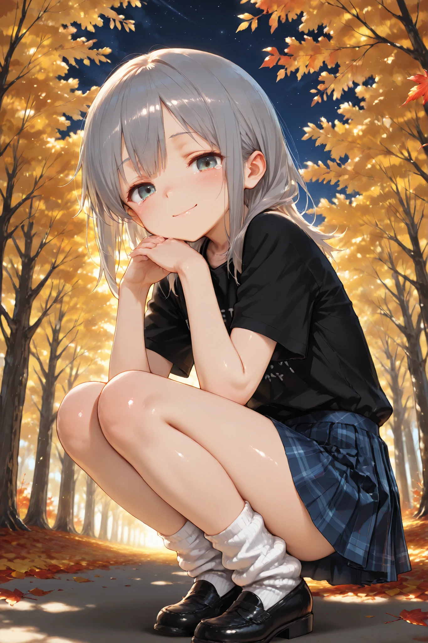 Shiny skin, Babe, character.
masterpiece, best quality, ultra detailed, high resolution, 8k, caustics, super detailed skin perfect anatomy, dynamic lighting, elaborate eye depiction, beautiful detailed eyes, a cute anime girl.
# body
petite body, slim body, skinny figure, flat chest, natural posture, graceful stance.
# hair
dark ash gray long hair loosely tied back, soft loose strands, long sidelocks, thin neat model eyebrows.
# eyes
cyan eyes, gentle eyes, slightly sharp shape, large dark under-eye bags, visible eye bags, moist eyes with faint tears.
# expression
looking at viewer, closed eyes smile, closed mouth smile, bright smile, cheerful expression, gentle happy face, soft warmth in gaze, eyes slightly teary.
# outfit
wearing black T-shirt, oversized T-shirt, over-skirt silhouette, blue plaid pleated mini skirt, loose socks, black loafers, casual autumn outfit.
# pose
bowing slightly forward toward the viewer, both hands together in front of body, in the moment just before bowing, gentle motion captured.
# background
autumn landscape under night sky, soft moonlight, falling red and yellow leaves, gentle wind motion, faint stars twinkling in the distance.
# composition
upper knee view, front-facing perspective, centered framing.
# outline
fine line art, delicate line drawing, thin outlines, clean outlines, minimal noise.