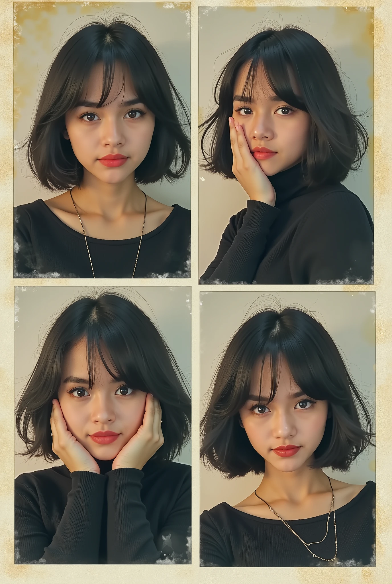 
Use 100% of my facial features
Use this photo as a reference to create a vintage collage square, 4, with an authentic retro film look: faded tones, pastels, creamy whites, film grain, dust, scratches, dreamy morning light. Subject wearing a black long-sleeve wool top, medium-length black hair with slightly straight messy bangs, natural spontaneous waking-up vibe. Mix of shy smiles, playful laughs, covering the face, pouting, lying down.