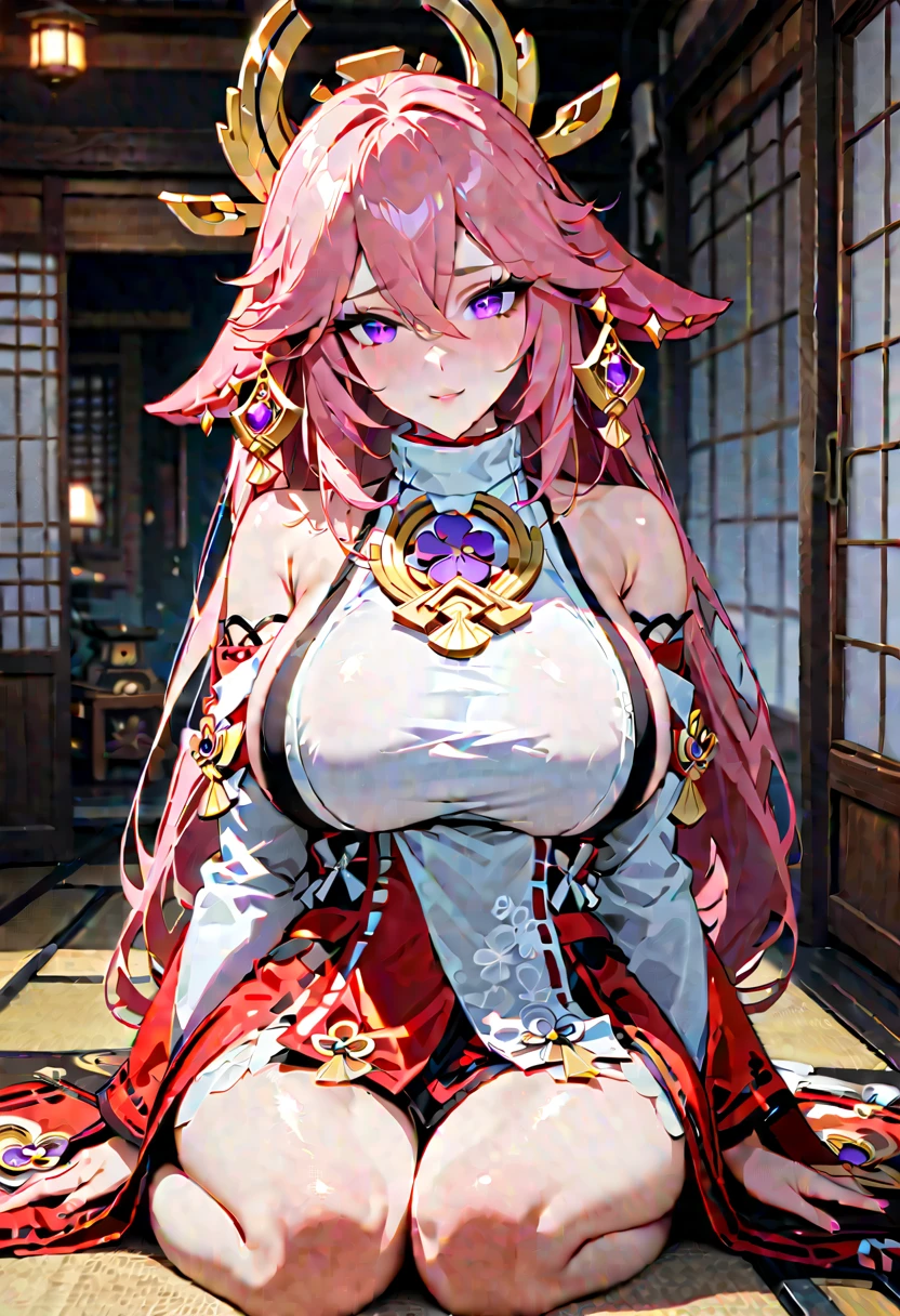 yae_miko, 1girl, pink hair, purple eyes, long hair, fox ears, earrings,(gigantic :1.5), hair ornament, jewelry on the , yae miko's clothes,  shoulders, detached sleeves, standing, upper body, outdoors, park, flowers, lawn, trees, sunshine,