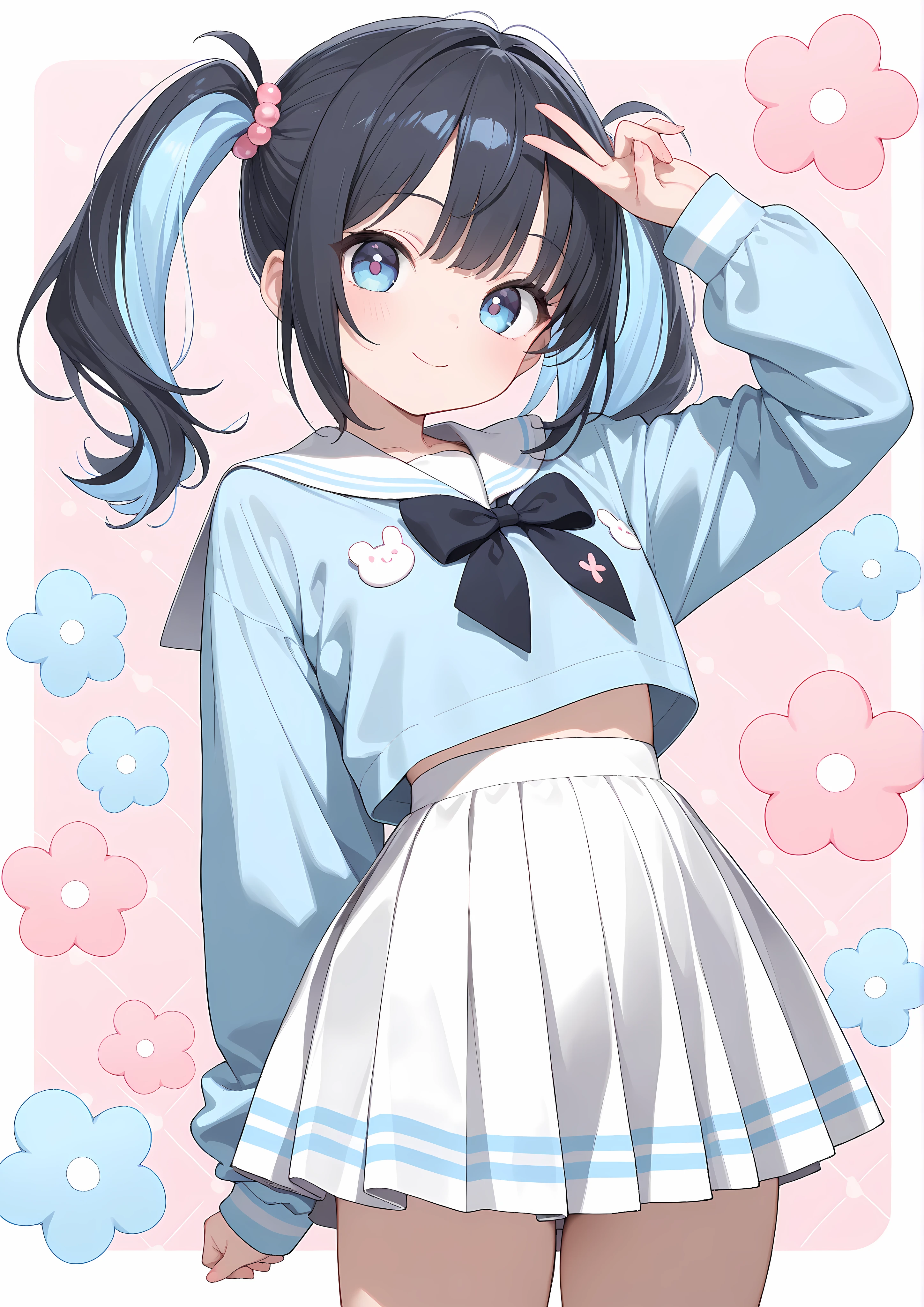 (masterpiece,best quality,ultra detailed,highres:1.2),1girl,yumekawaii fashion,Intricate folds of skirt,(black half-twin tails hair),blue inner highlights,looking at viewer,ultra detailed large cute eyes,pose,(blush:0.2),(smile:0.5),kawaii background,pastel blue tone,