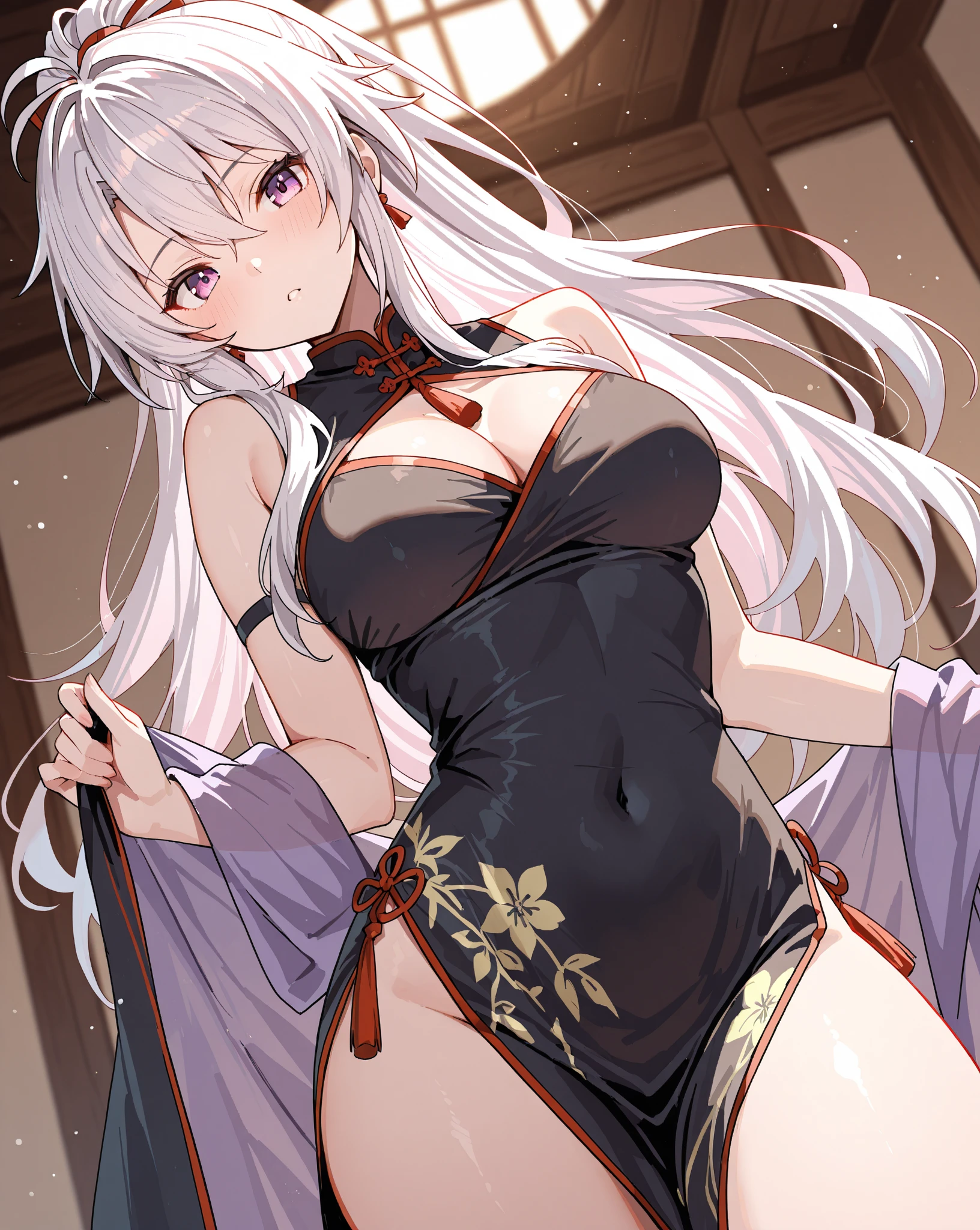 ((One personの女性)), Beautiful Face, point at viewer, Laughing embarrassedly,((Wink:1.9)),Laugh with your mouth wide open,((Bright red cheeks:1.4)),Shiny red lips,night,rooftop,Festive decorations,You can see the ocean, firework,Laughing with your mouth open,Glossy pink lips, lighting,((Anime style background)),masterpiece, Highest quality, so beautiful,up to date, Complex details, (Pink long nails),(ring),(bracelet),(choker),AI-generated, Complex,High resolution, Highest quality, super high quality,3D Images、3D Images,One person,Long white hair,High Ponytail,(White eyes),Anime woman posing for a photo, ((Fine grain、Silvery white colorful eyes、Shining Eyes:1.4)),(Squint your eyes:1.1),a hyperRealistic , hyperRealistic , Realistic,Anime woman with long white hair, Smooth anime CG art, A woman in a colorful kimono with gold embroidery, (Black long sleeve kimono),Red floral pattern,Long flower hair ornament,big floral earrings,Mature Body,(Big Breasts:1.1),expensive,Abdominal muscles,Tight waist,(Zoom up to face:1.7),Shooting from diagonally below