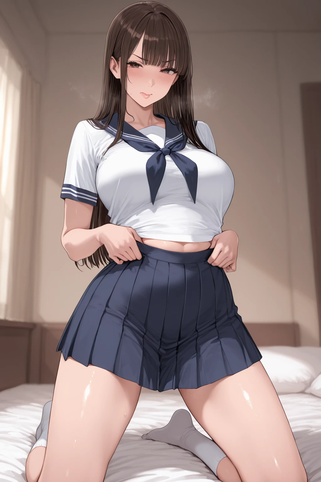 (1girl), ((  Pose:1.5)), black hair, extremely long hair, yellow eyes, ((Massive Female Bodybuilder)), ((huge breasts:1.5), thick thighs, solo, (pale skin), cowboy shot, (school uniform) best quality best quality best quality