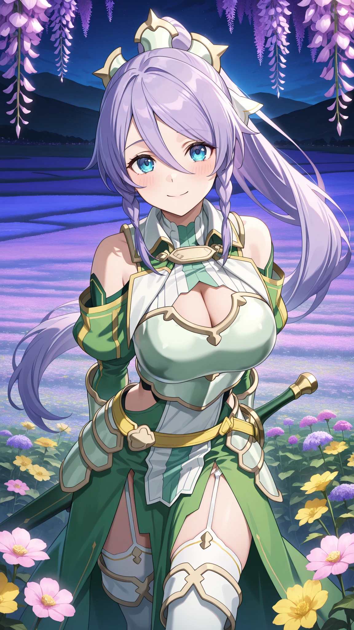 masterpiece,best quality,highre,ultra-detailed,detailed illustration,source_anime,1girl,solo,slender,Shizuru,purple hair, long hair, blue eyes,highly detailed eyes,hair between eyes,twin braids, high ponytail,armored dress, green sleeves, breastplate, cleavage cutout, large breasts, shoulder cutout, green sleeves, long sleeves, bracer, black gloves, side cutout, faulds, yellow belt, scabbard, green skirt, pelvic curtain, garter straps, white thighhighs, thigh boots,smile,outdoor,field of flowers,night,looking at viewer,happy,blush,wisteria,purple flower,yellow flower,pink flower,arms behind back,standing,