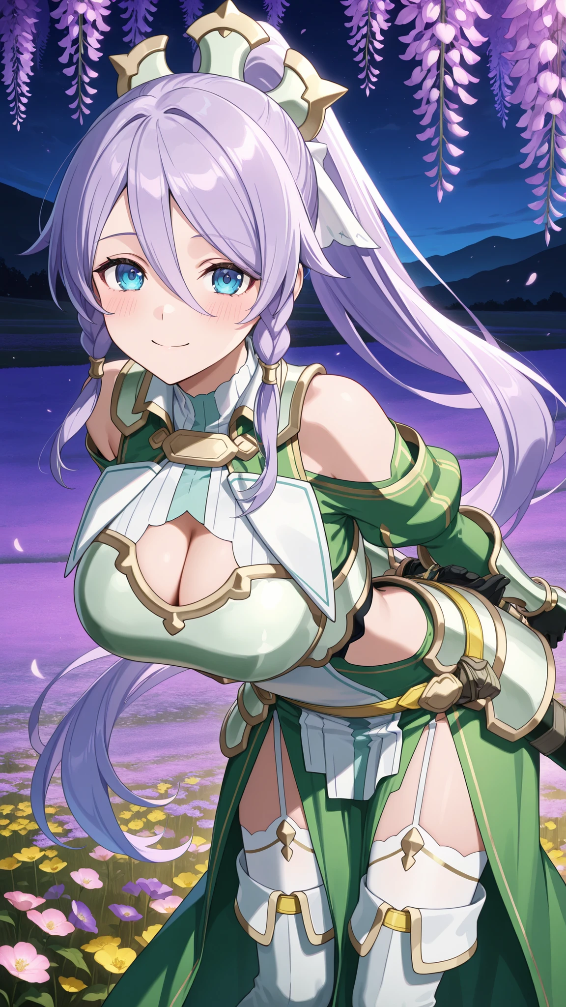 masterpiece,best quality,highre,ultra-detailed,detailed illustration,source_anime,1girl,solo,slender,Shizuru,purple hair, long hair, blue eyes,highly detailed eyes,hair between eyes,twin braids, high ponytail,armored dress, green sleeves, breastplate, cleavage cutout, large breasts, shoulder cutout, green sleeves, long sleeves, bracer, black gloves, side cutout, faulds, yellow belt, scabbard, green skirt, pelvic curtain, garter straps, white thighhighs, thigh boots,smile,outdoor,field of flowers,night,looking at viewer,happy,blush,wisteria,purple flower,yellow flower,pink flower,arms behind back,standing,bent over,arched back,