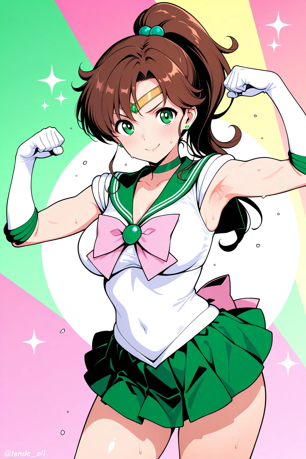 Highest quality, High resolution, 1990s \(style\), retro artstyle, 1990s anime cels style, Sailor Jupiter, Fighting, Sailor Warrior Uniform, Green sailor collar, White gloves, Green pleated skirt, Pink ribbon, ponytail, jewelry, Earrings、(Torn clothes、tits)、Dynamic、廃墟でFighting、 scene、 chamber、Tortured Woman、tears、blush、sad