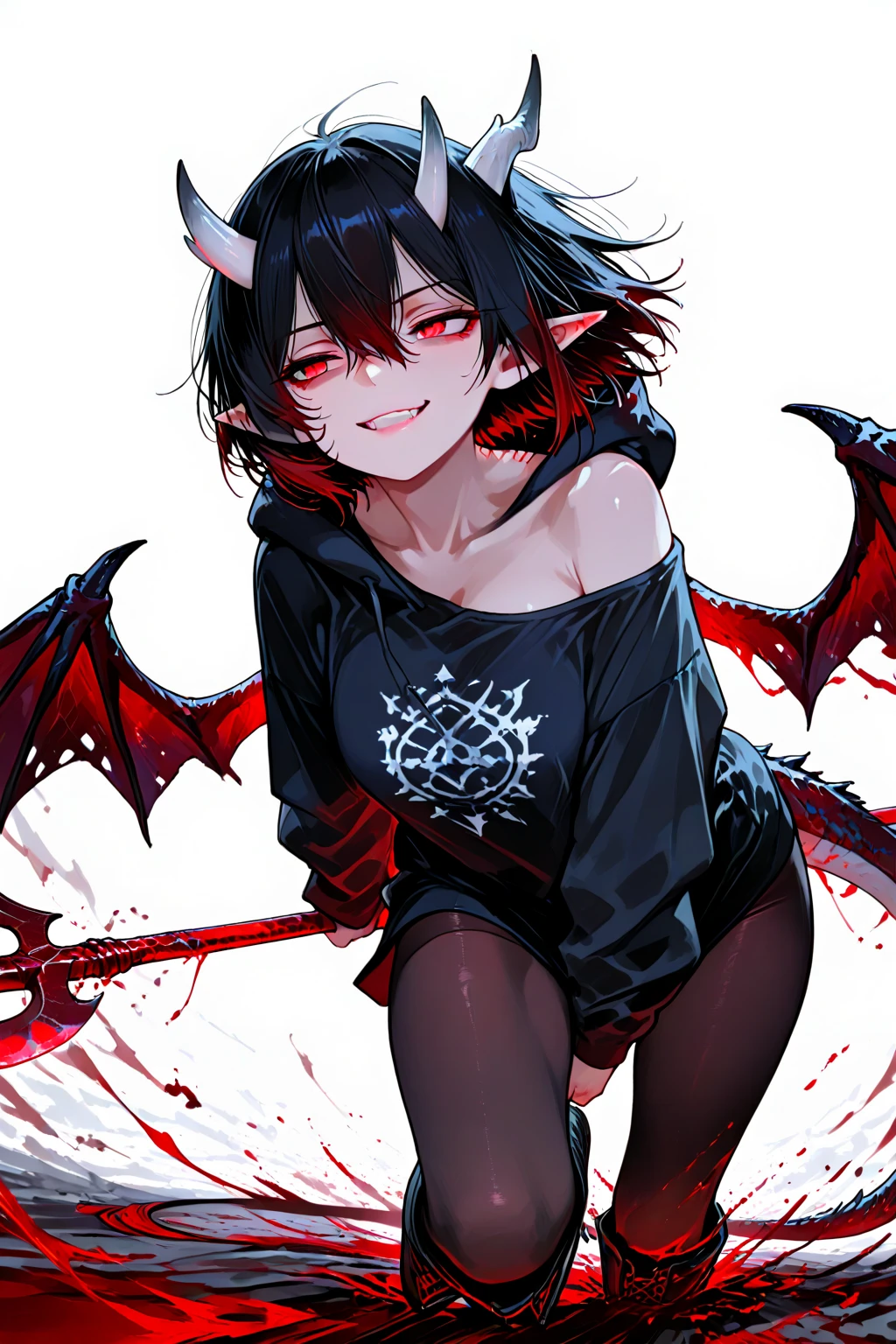 absurdres, 8k, 4k, masterpiece, hyper extreme detailed:1.2), solo, 1girl, front view, perfect face, 1girl, portrait, expressive eyes, looking at viewer, solo, green eyes, standing, mature female, , pale, long black hair, groan, casual wear, adult, looking forward, front view, black horns, confident, cautious, rational, messy hair, wind, windy, moving hair, moving clothes, swept bangs, front view, unyielding, mature body, tomboy, dragon tail, adult, black nails, wild hair, velvet crowe, scars, fatigue, Black Demonic Horns, Dragon Horns, Dragon Tail, fire, long skirt, hands in pockets, white shirt black letters,  shoulder, shoulder strap, suspenders, velvet crowe, velvet-outfit, red hair gradients, village background, fiery, flames, burning,
