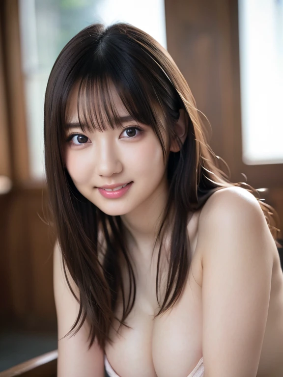 masutepiece, Best Quality, 1 girl, (a beauty girl:1.2), (17 age:1.2), Very fine eye definition, (Symmetrical eyes:1.3)、hot onsen、 steam:1.3、beutiful breast、Smaller chest、Beautiful pink nipples、Brown eyes, Parted bangs, Brown hair, Shake your head、smil、No makeup、water dripping
