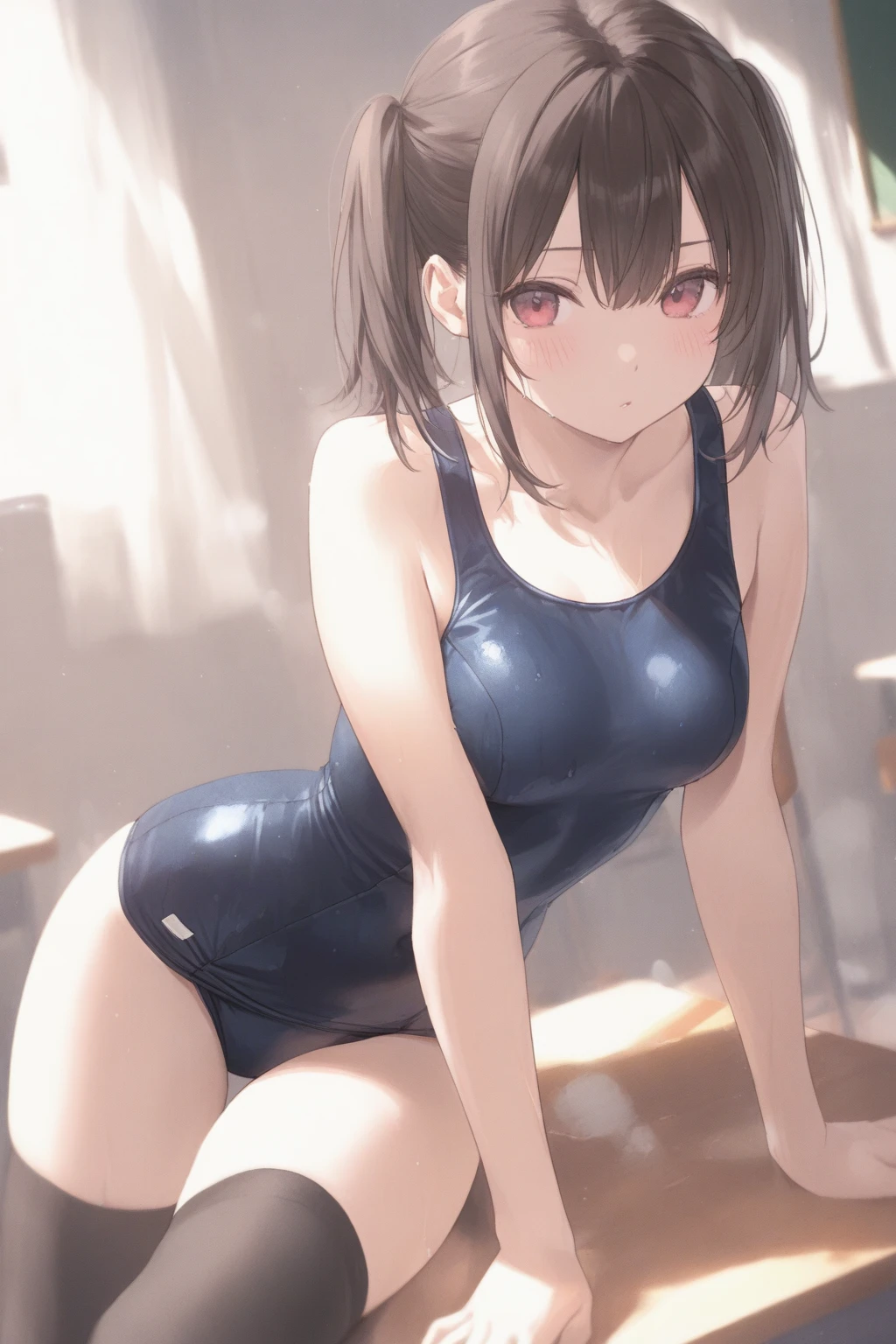 tsushima \(kancolle\),purple hair,orange hair,gradient hair,multicolored hair,sidelocks,purple eyes,yellow eyes,((masterpiece)),((best quality)),((high resolution)), ((ultra-detailed)),old style school swimsuit, one-piece swimsuit, navy blue school swimsuit, landless swimsuit,completely iron collar, 1girl, Solo, disdain,disgust,blush, ((squatting)), ((arms behind head)), ( wide),(from front),((concrete background)),in a cage,((caged)),prison,basement,perfect ,barefoot,