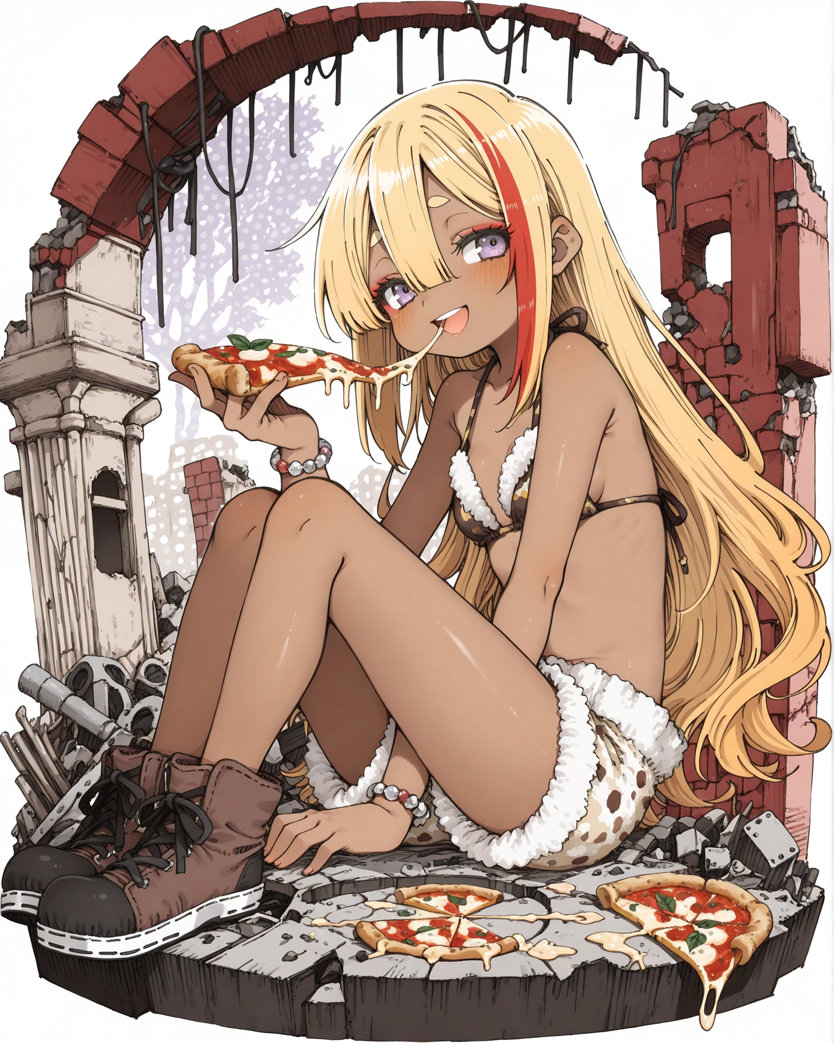 ((Abara Heiki style)), ((Masterpiece)), ((best quality, amazing quality)), ((very aesthetic, absurdres, newest)), (faux figurine:1.5), ((Transparent background, Mini background)), (Asymmetrical background), ((halftone)), (cinematic lighting), ((1girl)), Cute young Girl, (Healthy Gaunt body, Textured skin, small , tilt head), ((brown-skin)), Glossy straight hair, (hair between eyes, long bangs, long side bangs), blonde hair with red, ((red streaked hair)), highlights hair, long hair, big eyes, (pale purple eyes, gradient eyes, averting eyes, looking at side), blush, (( smile, :d)), Thin and short eyebrows, cute cheeks, glossy lips, pouty lips, put on rouge, BREAK, (fur top, fuzzy top, foamy top, dark brown color , slightly exposed sideboob), arms, (fur shorts, fuzzy shorts, foamy shorts), (pizza in hand, eating pizza, chewing on a pizza, Melted and stringy cheese, Piece of Margherita Pizza), Fine gemstone bracelet, cute makeup, (outdoor, sitting in the aged abandoned ruins, pile of rubble), shoe sole, wind blow,